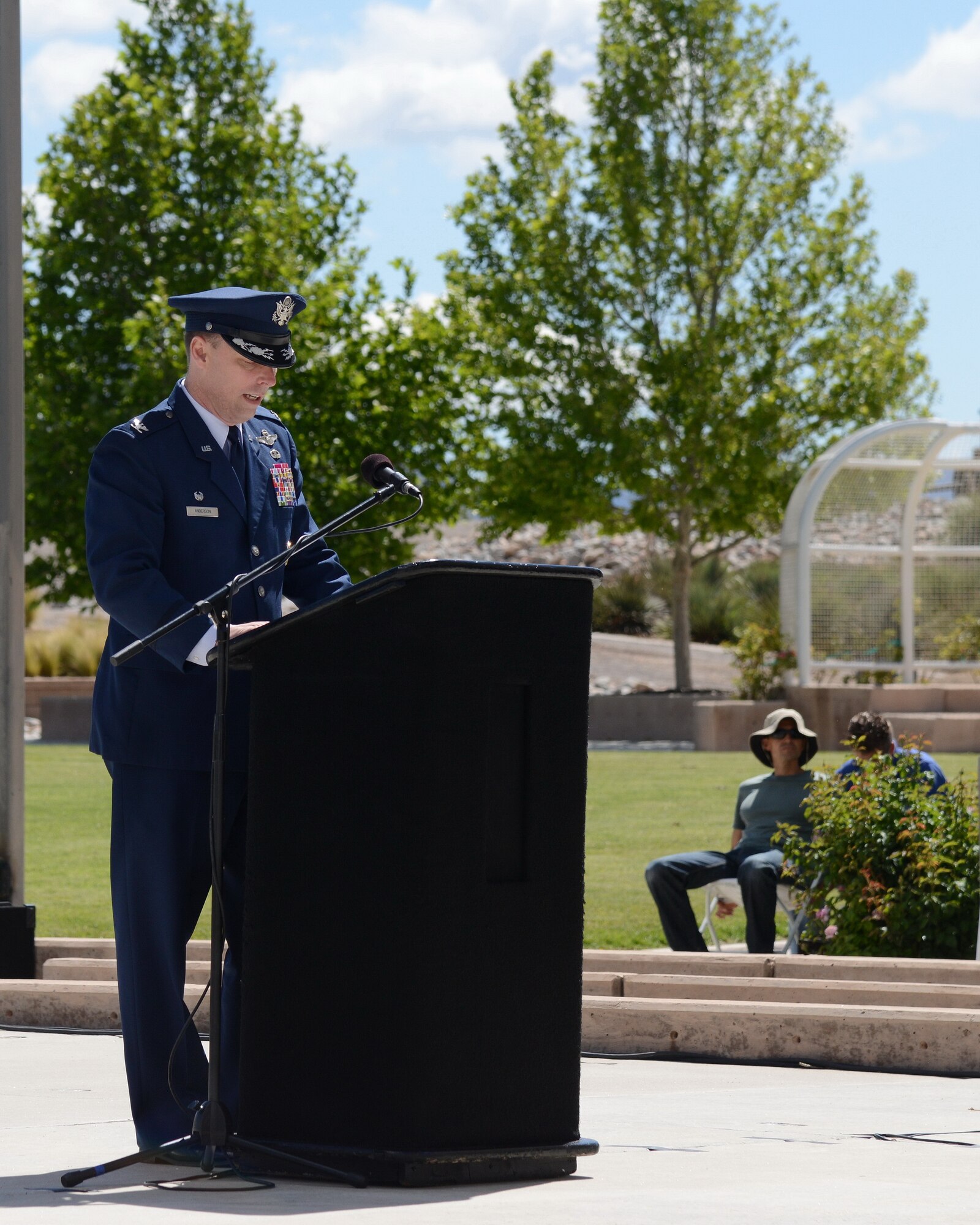 Col. Dagvin Anderson, 58th Special Operations Wing commander, speaks at a Memorial Day ceremony recognizing fallen military members May 25. (Photo by Jamie Burnett)
