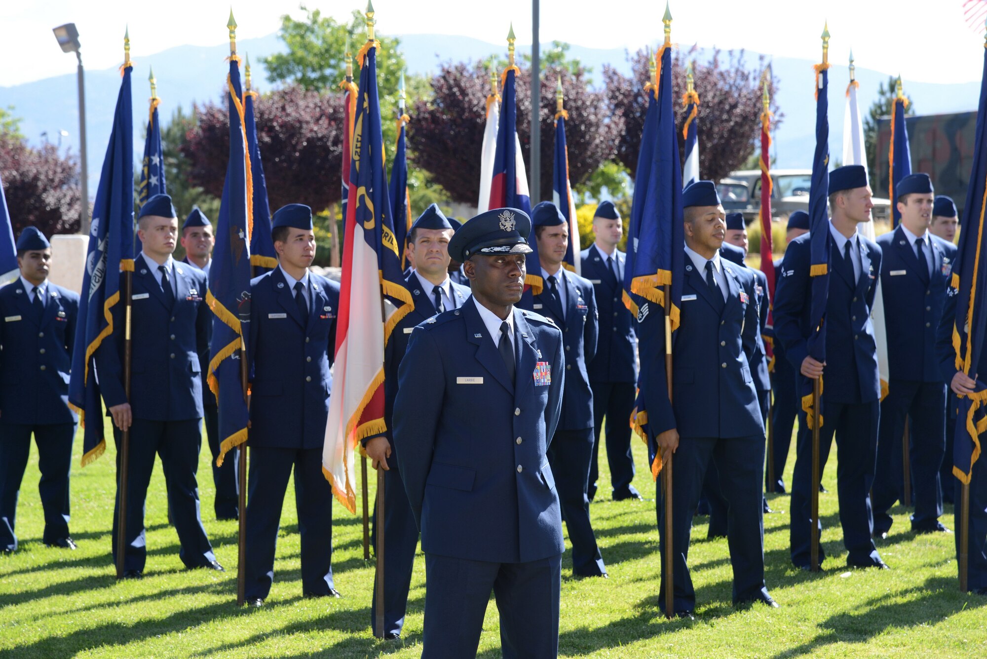 A Kirtland unit stands in formation at a Memorial Day ceremony recognizing fallen military members May 25. Speakers at the ceremony included Hiroshi Miyamura, Medal of Honor recipient, Col. Dagvin Anderson, 58th Special Operations Wing commander and Albuquerque Mayor Richard J. Berry. (Photo by Jamie Burnett)
