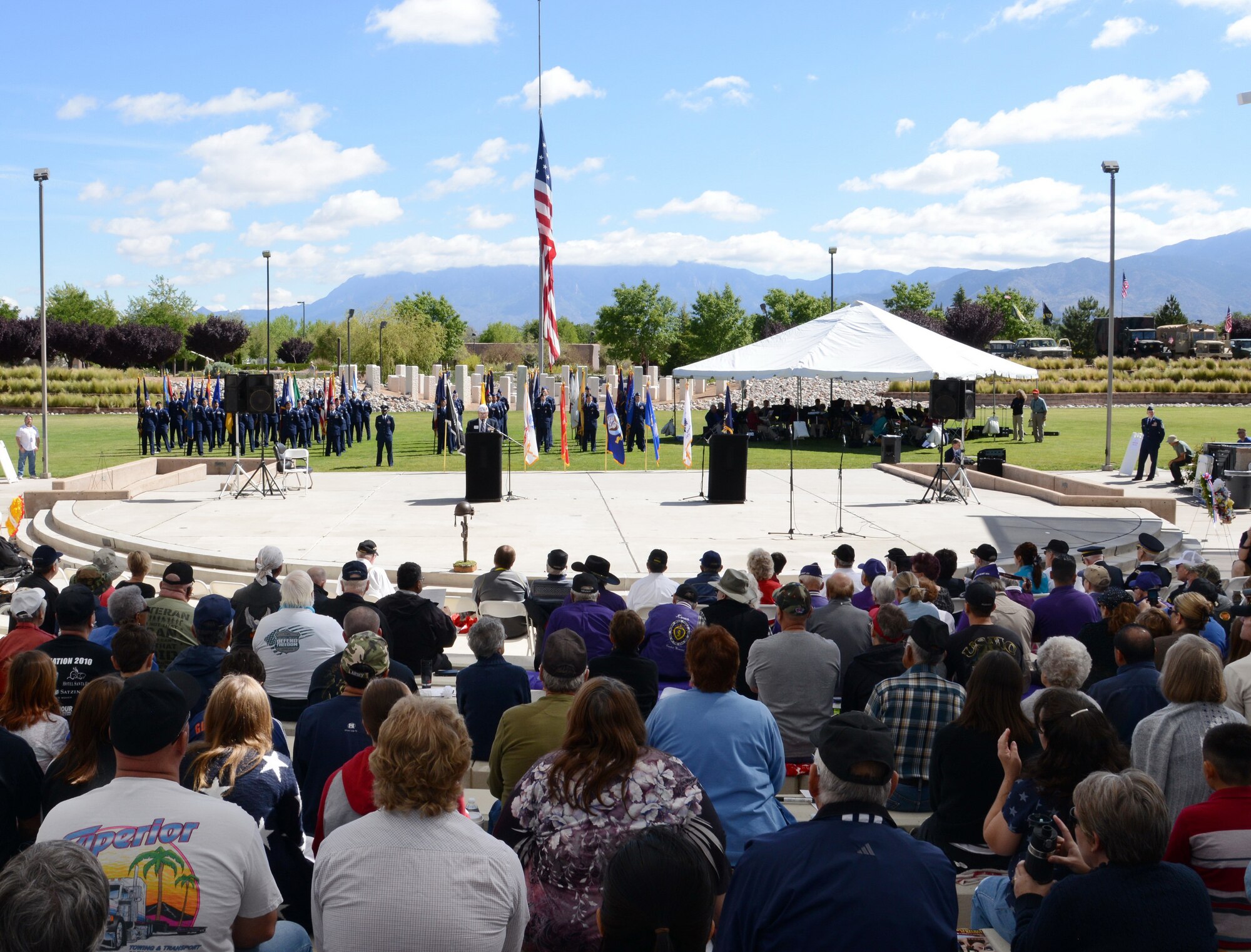 Fallen military members were recognized at a Memorial Day ceremony at the New Mexico Veterans Memorial Park May 25. Speakers at the ceremony included Hiroshi Miyamura, Medal of Honor recipient, Col. Dagvin Anderson, 58th Special Operations Wing commander and Albuquerque Mayor Richard J. Berry. (Photo by Jamie Burnett)
