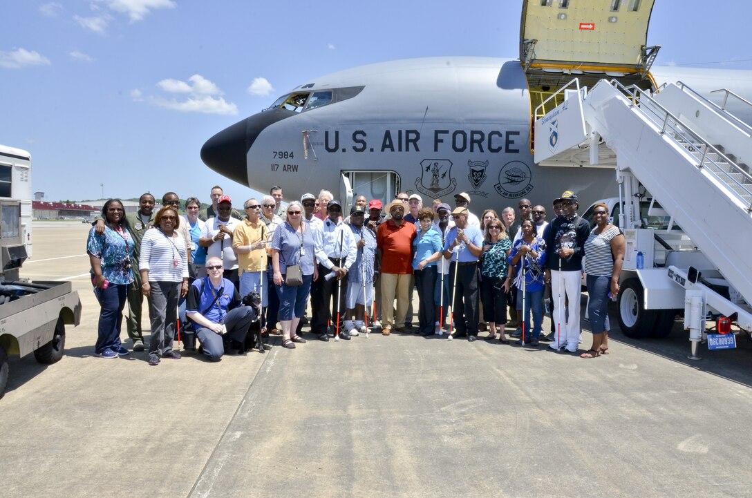 Visually impaired veterans from the Southeastern Blind Rehabilitation Center visit the 117th Air Refueling Wing. The SBRC is a division of the United States Veterans Administration whose mission is to provide care for blind and low vision veterans and active duty service members. (U.S. Air National Guard photo by: Senior Master Sgt. Ken Johnson/Released)