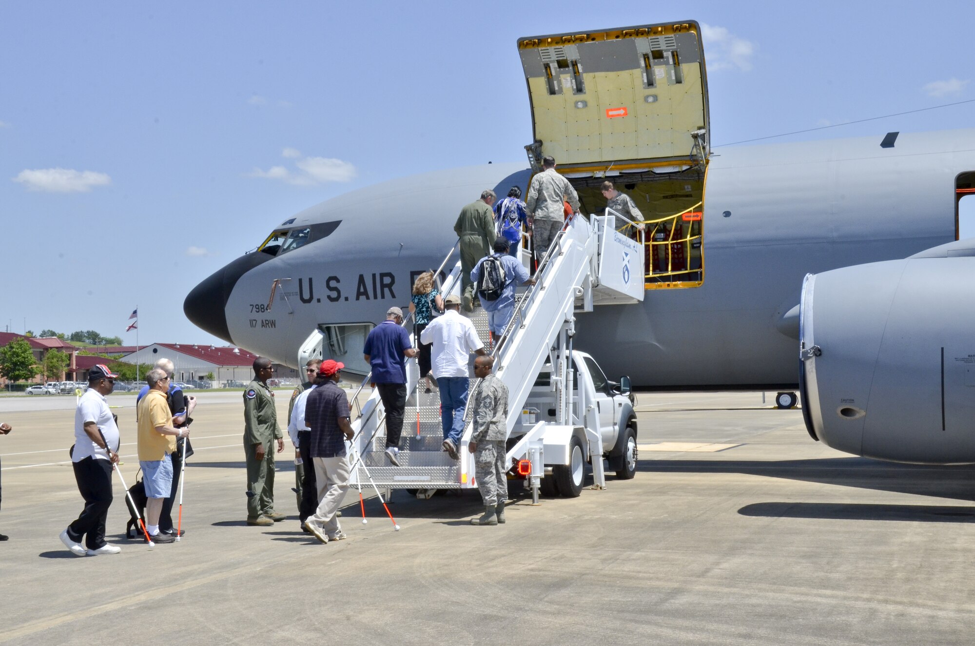 Visually impaired veterans from the Southeastern Blind Rehabilitation Center visit the 117th Air Refueling Wing. The SBRC is a division of the United States Veterans Administration whose mission is to provide care for blind and low vision veterans and active duty service members. (U.S. Air National Guard photo by: Senior Master Sgt. Ken Johnson/Released)