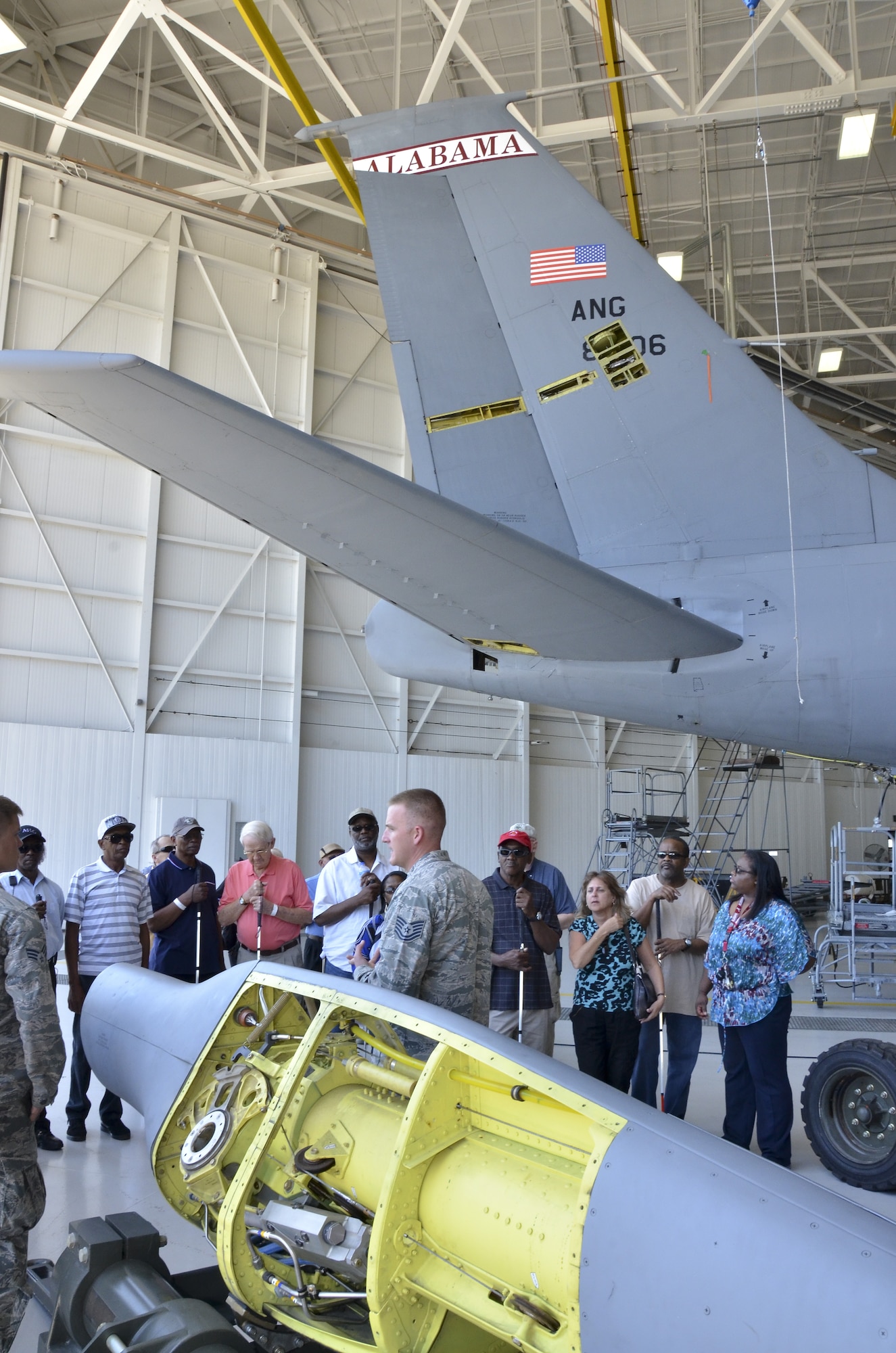 Visually impaired veterans from the Southeastern Blind Rehabilitation Center visit the 117th Air Refueling Wing. The SBRC is a division of the United States Veterans Administration whose mission is to provide care for blind and low vision veterans and active duty service members. (U.S. Air National Guard photo by: Senior Master Sgt. Ken Johnson/Released)