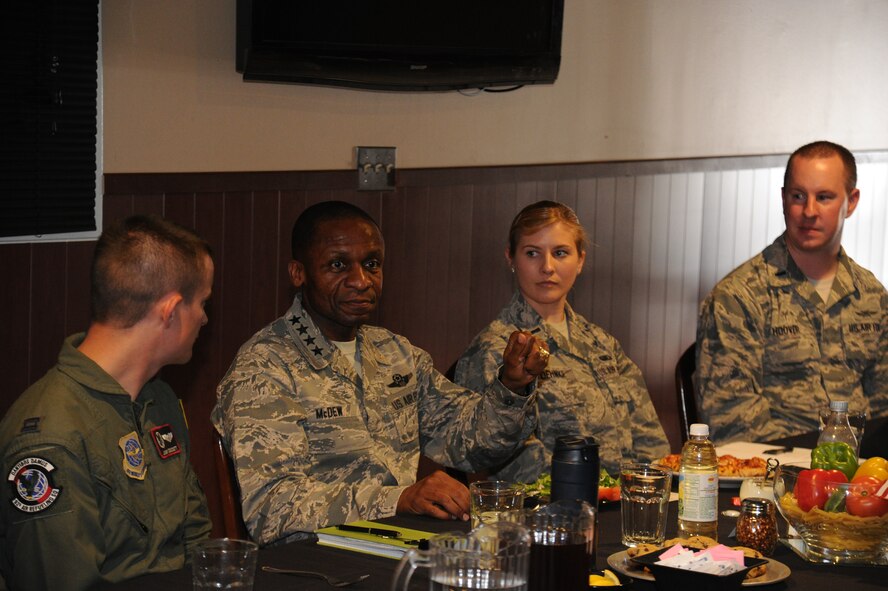 Gen. Darren McDew, Air Mobility Command commander, eats lunch with company grade officers May 21, 2015, at Fairchild Air Force Base, Wash. The general spoke with the officers, answered their questions about what it means to be a bold leader. He challenged the CGOs to be agents for positive change who “do” rather than only “grouse” about issues. (U.S. Air Force photo/Airman 1st Class Nicolo J. Daniello)