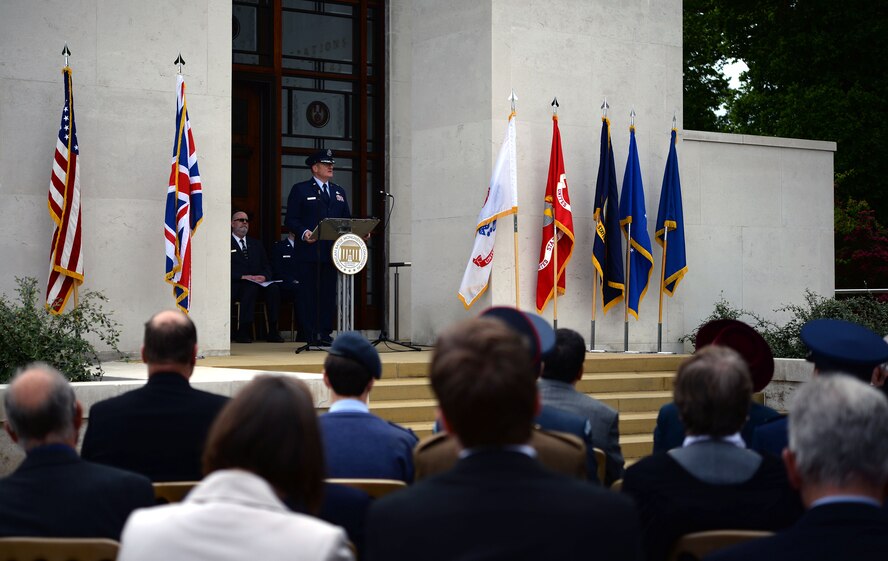 U.S. Air Force Brig. Gen. Douglas A. Cox, U.S. Air Forces in Europe-United Kingdom director, speaks during the annual Memorial Day Ceremony May 25, 2015, at the Cambridge American Cemetery and Memorial in Cambridge, England. The annual ceremony is held in remembrance of service members who died during World War II. (U.S. Air Force photo by Senior Airman Christine Halan/Released)