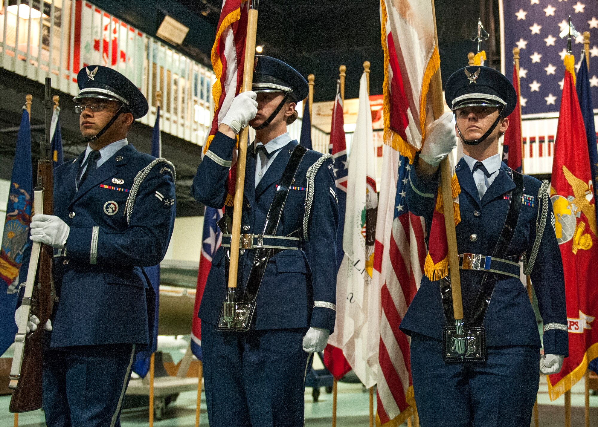 Members of Eglin’s Honor Guard present the colors during the posting of the colors at the Roll Call Memorial Service at the Air Force Armament Museum near Eglin Air Force Base, Fla., May 22.  The ceremony paid respect to 550 fallen Florida service members who died in the service of their country during conflicts ranging from World War II to the present. The event included the posting of the colors by Eglin’s Honor Guard, the reading of a congressional letter of appreciation and the recital of each name of the fallen. (U.S. Air Force photo/Ilka Cole) 
