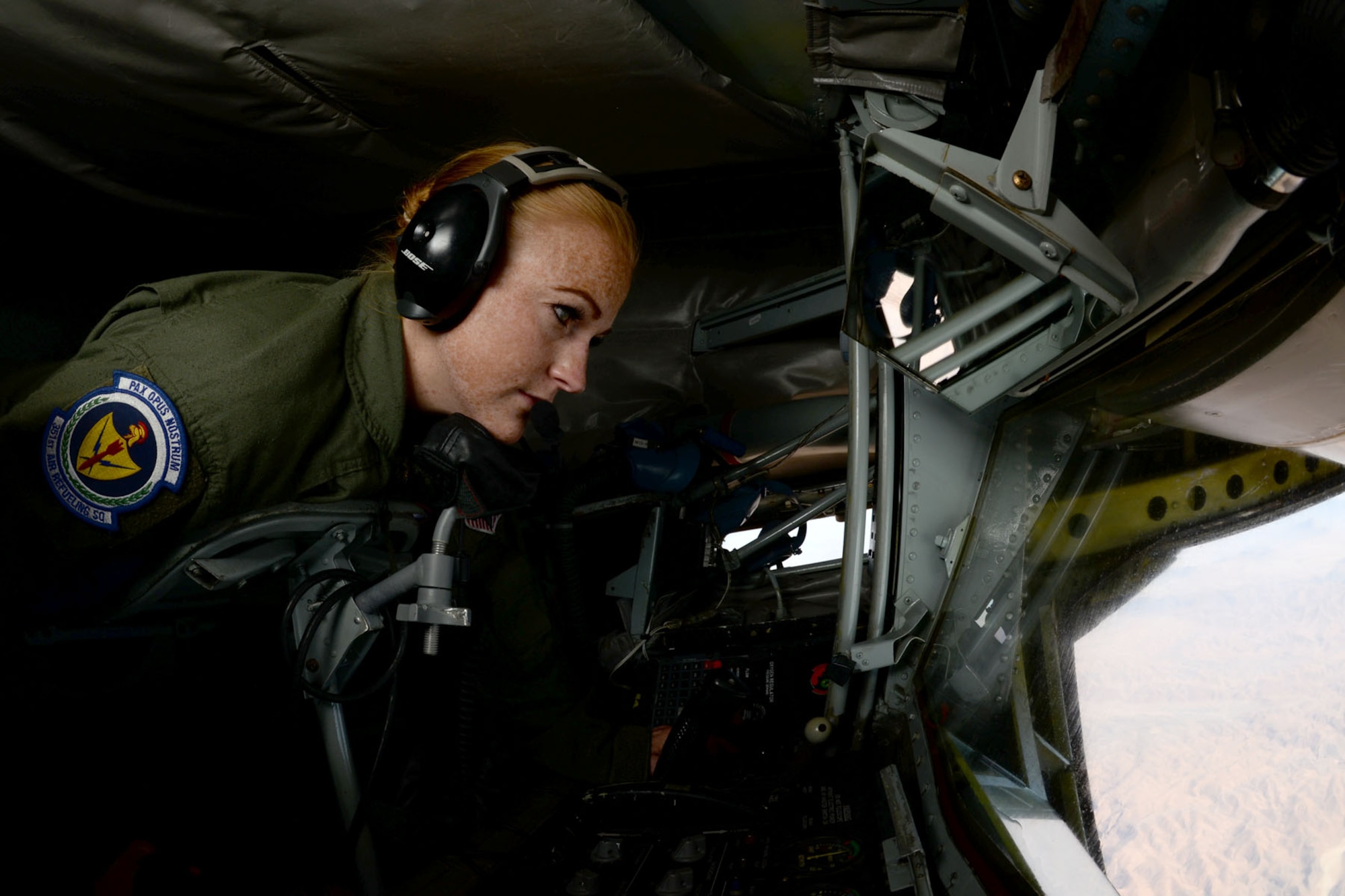 U.S. Air Force Senior Airman Amy Lizauckas, 351st Air Refueling Squadron boom operator from Buffalo, N.Y., refuels Moroccan air force and U.S. Air Force F-16 Fighting Falcons May 21, 2015, during Exercise African Lion. The U.S. Marine Corps-led exercise encompasses more than six different nations working together to enhance interoperability. (U.S. Air Force photo by Senior Airman Kate Thornton/Released)
