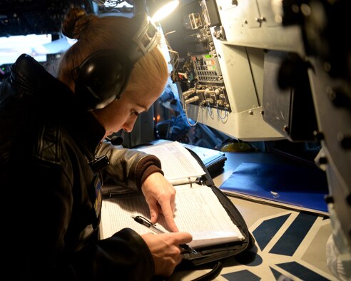 U.S. Air Force Senior Airman Amy Lizauckas, 351st Air Refueling Squadron boom operator from Buffalo, N.Y., reviews KC-135 Stratotanker preflight checklist May 21, 2015, during a preflight inspection on RAF Mildenhall, England. The crew is supporting Exercise African Lion, a U.S. Marine Corps-led exercise that encompasses more than six different nations working together to enhance interoperability. (U.S. Air Force photo by Senior Airman Kate Thornton/Released)