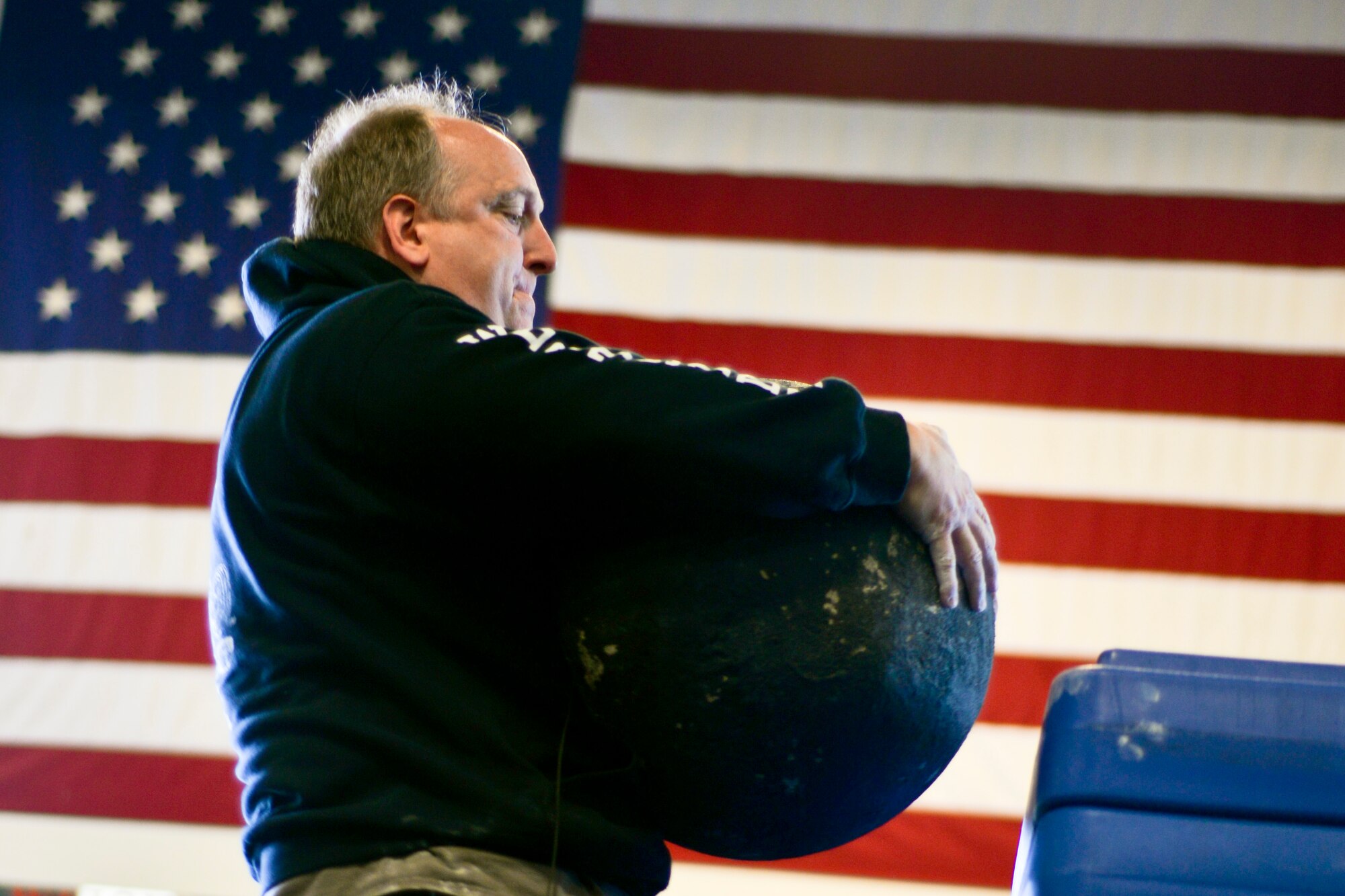 U.S. Air Force Lt. Col. Don Braskett trains with a concrete sphere April 28, 2015, at Rickenbacker Air National Guard Base, Ohio. (U.S. Air National Guard photo by Master Sgt. Ralph Branson/Released)

