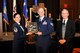 U.S. Air Force Master Sgt. Vanessa Johnston, 55th Intelligence Support Squadron and 55th Wing Association Board of Directors member along with U.S. Air Force Col. (Ret.) Hamilton Kennedy Awards Chair for the 55th Wing Association, presents U.S. Air Force Tech. Sgt. William Nelsen, 55th Maintenance Squadron, with the 55th Wing Association Award for Excellence at the 2015 55th Wing Birthday Ball held at the Embassy Suites in LaVista, Nebraska, May 16. The 55th Wing Award for Excellence is presented to an individual in the 55th Wing who best exemplifies the basic tenets of the 55th Wing Association. (U.S. Air Force photo by Jeff W. Gates/Released)