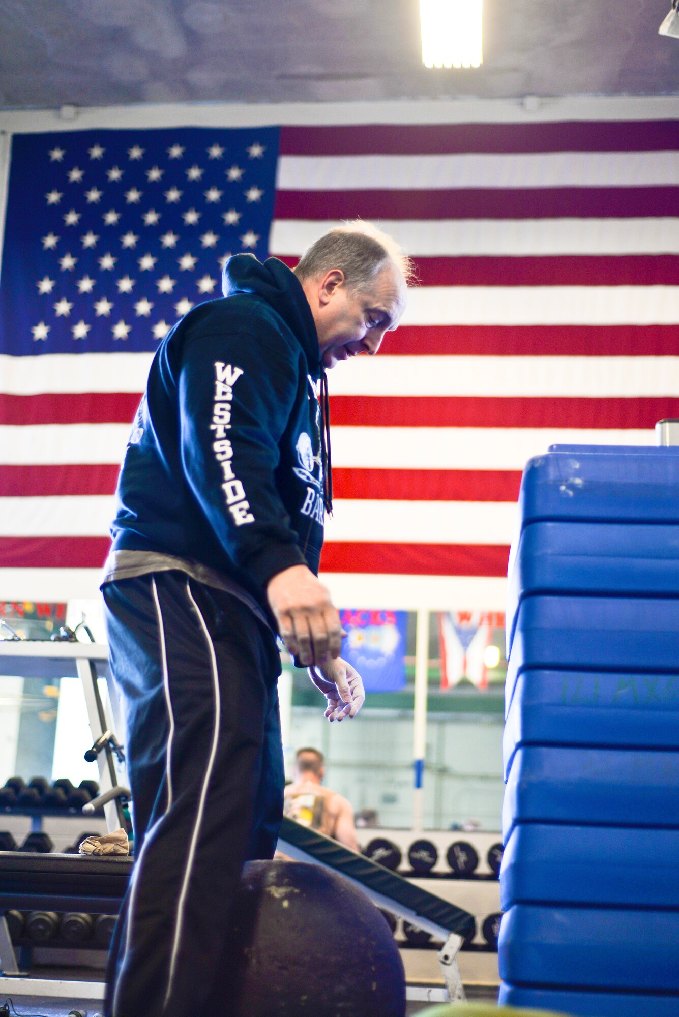 U.S. Air Force Lt. Col. Don Braskett trains with a concrete sphere April 28, 2015, at Rickenbacker Air National Guard Base, Ohio. (U.S. Air National Guard photo by Master Sgt. Ralph Branson/Released)
