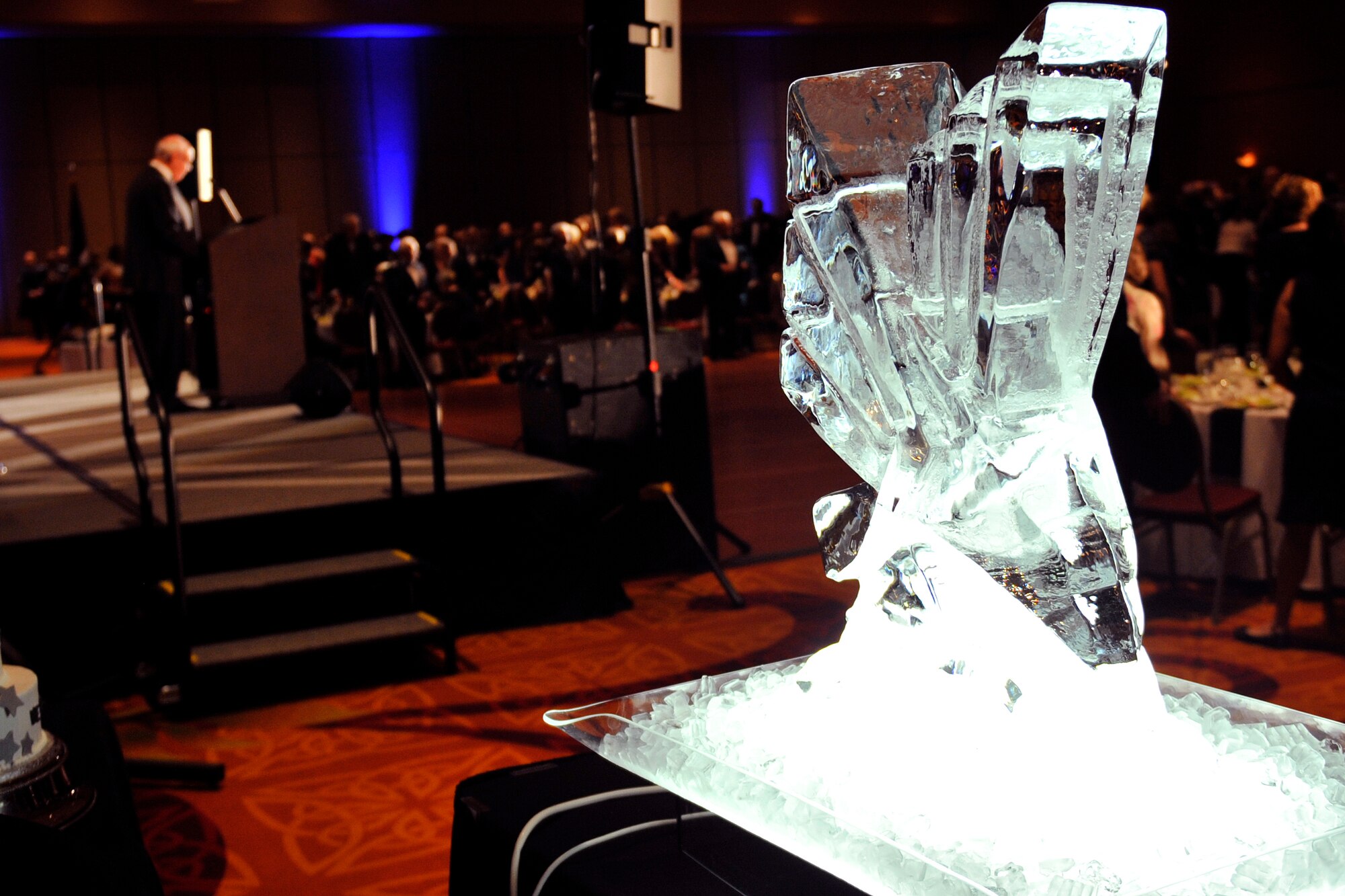 Dave Webber, 55th Wing Birthday Ball master of ceremonies, speaks next to the events ice sculpture inside the Embassy Suites ballroom in La Vista, Nebraska for the 2015 Birthday Ball, May 16. The Birthday Ball is a formal celebration recognizing the wing’s proud heritage as well as its current mission and role in the U.S. Air Force. (U.S. Air Force photo by Jeff W. Gates/Released)