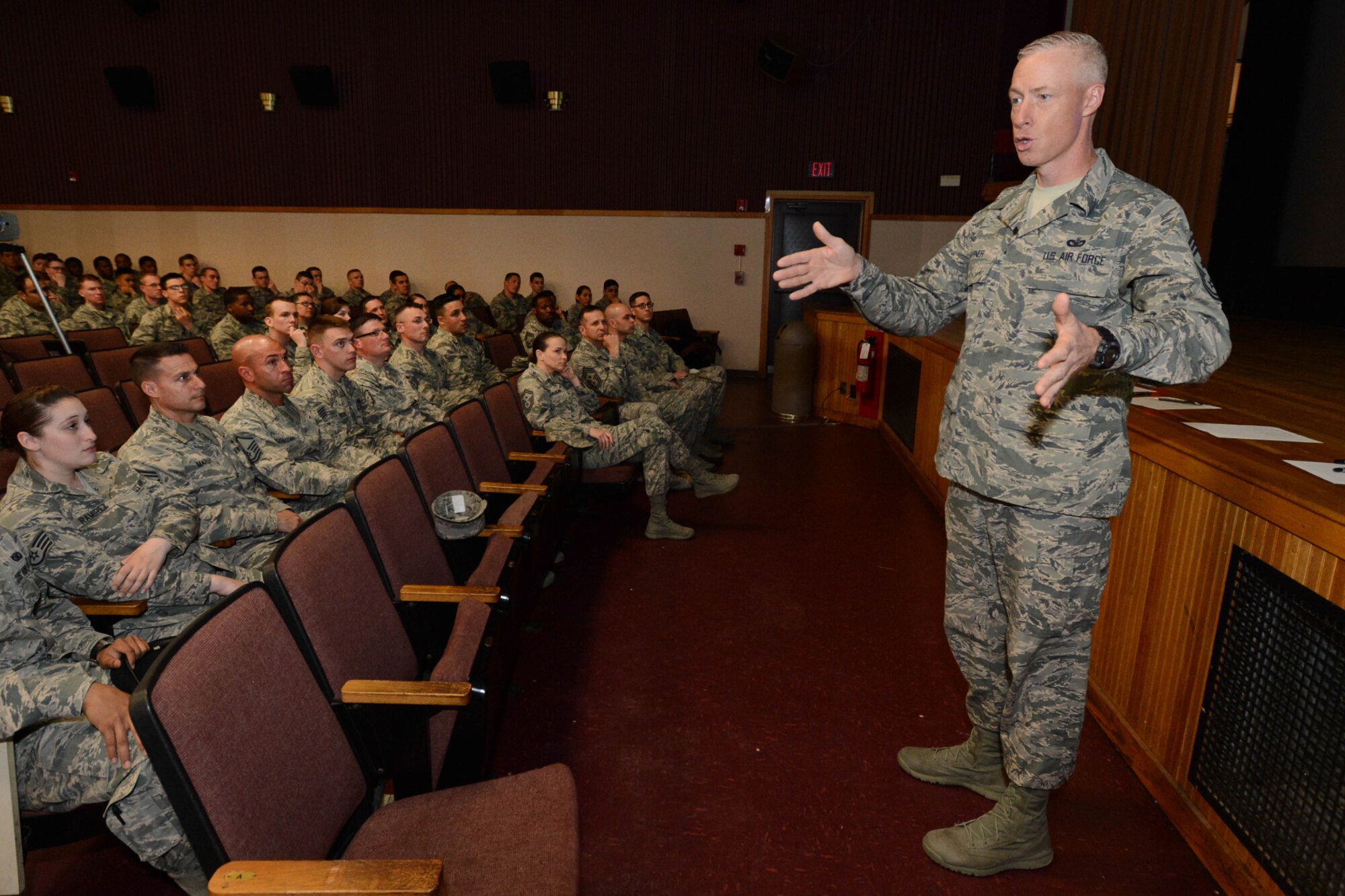 Command Chief Master Sergeant Michael Warner, Air Force Materiel Command, provides to enlisted Airmen an overview of the upcoming changes to the enlisted rating system during an all call at the base theater May 21. During his visit to Hanscom, the command’s senior enlisted member was also the guest speaker at the Airman Leadership School 15D graduation ceremony. (U.S. Air Force photo by Jerry Saslav)