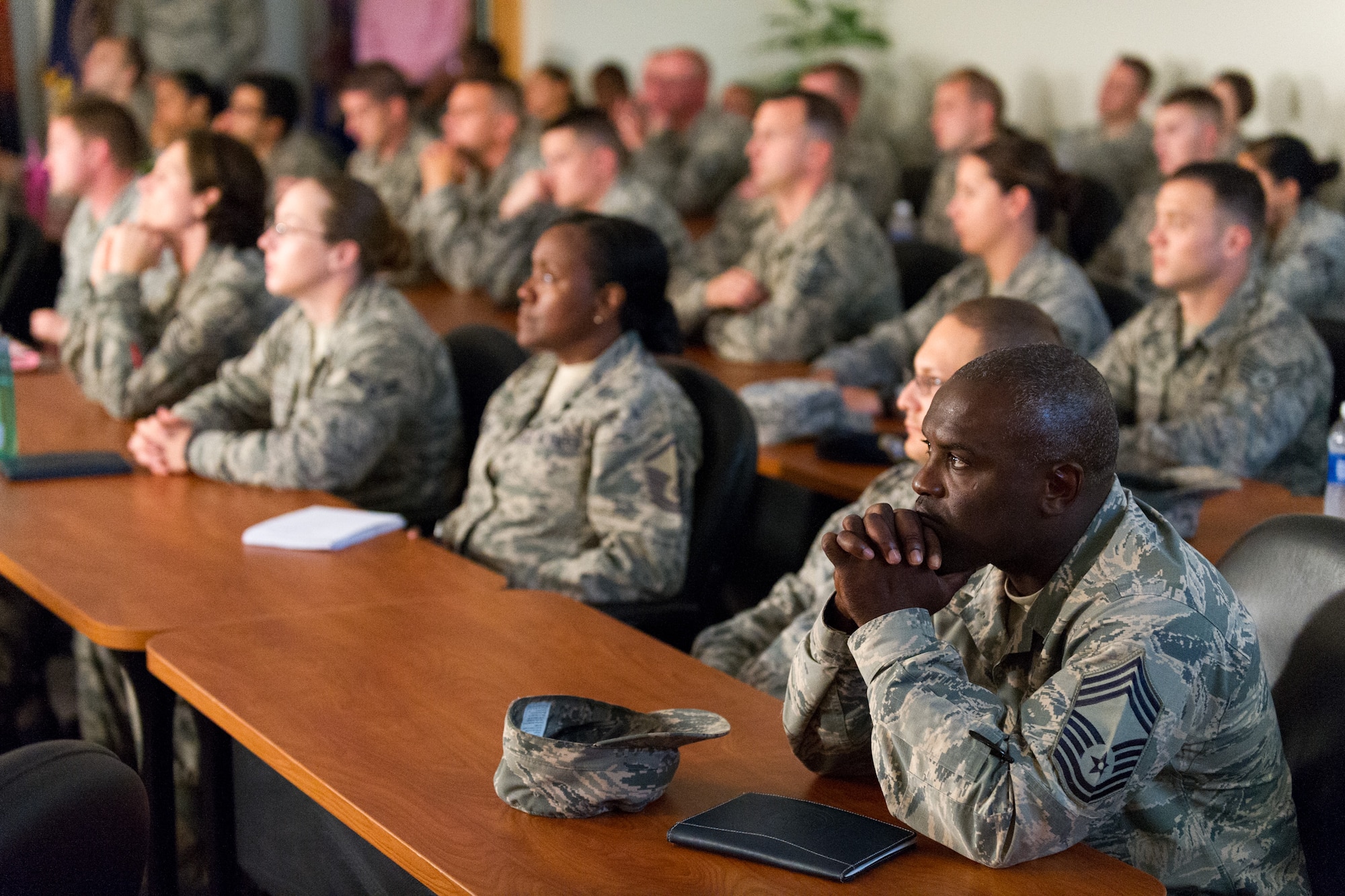 Members of Team-Patrick Cape participate in a Google Hang Out hosted by Air Force Chief of Staff Gen. Mark A. Welsh III, for his second Google Hangout, May 21, 2015, at the Professional Development Center at Patrick Air Force Base, Fla. The hangout gave Airmen, from six bases, an opportunity to join Welsh for a discussion about today’s Air Force. The discussion was open for anyone wanting to watch. (U.S. Air Force photo/Cory Long) (Released) 