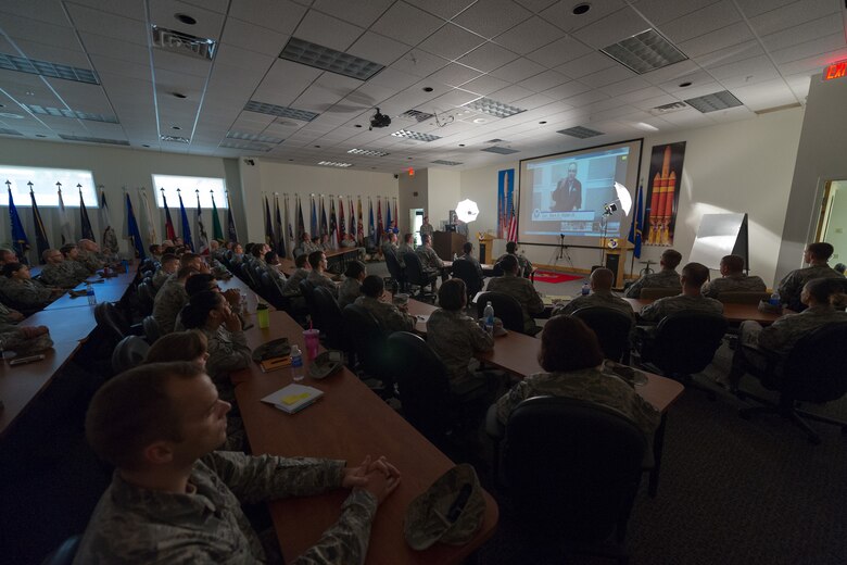 Members of Team-Patrick Cape participate in a Google Hang Out hosted by Air Force Chief of Staff Gen. Mark A. Welsh III, for his second Google Hangout, May 21, 2015, at the Professional Development Center at Patrick Air Force Base, Fla. The hangout gave Airmen, from six bases, an opportunity to join Welsh for a discussion about today’s Air Force. The discussion was open for anyone wanting to watch. (U.S. Air Force photo/Cory Long) (Released) 