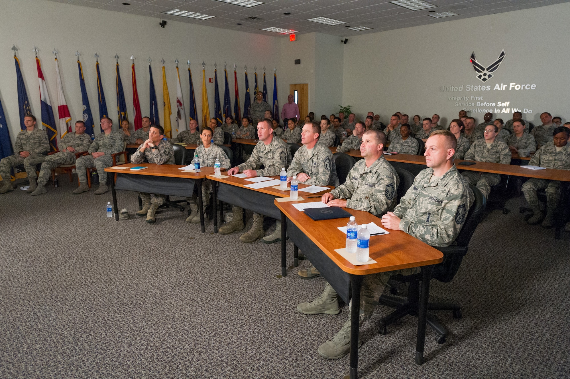 Members of Team-Patrick Cape participate in a Google Hang Out hosted by Air Force Chief of Staff Gen. Mark A. Welsh III, for his second Google Hangout, May 21, 2015, at the Professional Development Center at Patrick Air Force Base, Fla. The hangout gave Airmen, from six bases, an opportunity to join Welsh for a discussion about today’s Air Force. The discussion was open for anyone wanting to watch. (U.S. Air Force photo/Cory Long) (Released) 