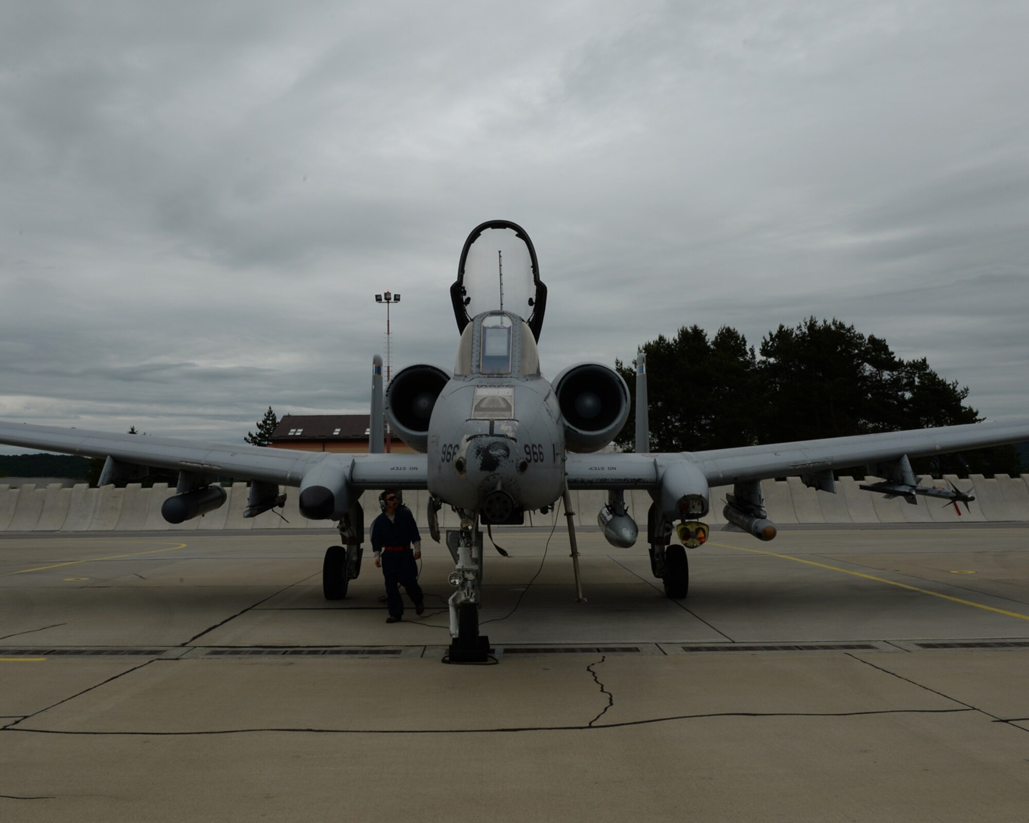 A U.S. Air Force crew chief from the 354th Expeditionary Fighter Squadron performs pre-flight checks on a U.S. Air Force A-10 Thunderbolt II attack aircraft during a theater security package deployment at Sliac Air Base, Slovakia, May 22, 2015. The U.S. Air Force’s forward presence in Europe allows cooperation among NATO allies and partners to develop and improve ready air forces capable of maintaining regional security. (U.S. Air Force photo by Senior Airman Dylan Nuckolls/Released)