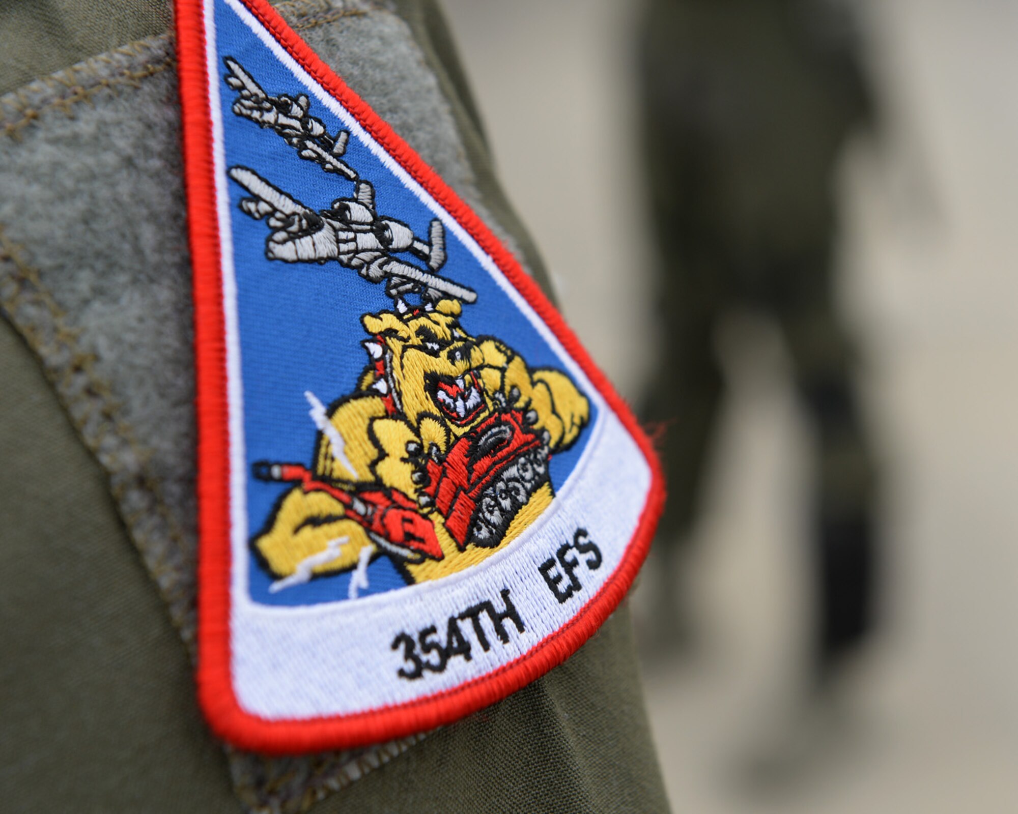 A 354th Expeditionary Fighter Squadron patch is displayed during a theater security package deployment at Sliac Air Base, Slovakia, May 22, 2015. The aircraft deployed to Slovakia in support of Operation Atlantic Resolve to bolster air power capabilities while underscoring the U.S. commitment to European security and stability. (U.S. Air Force photo by Senior Airman Dylan Nuckolls/Released)
