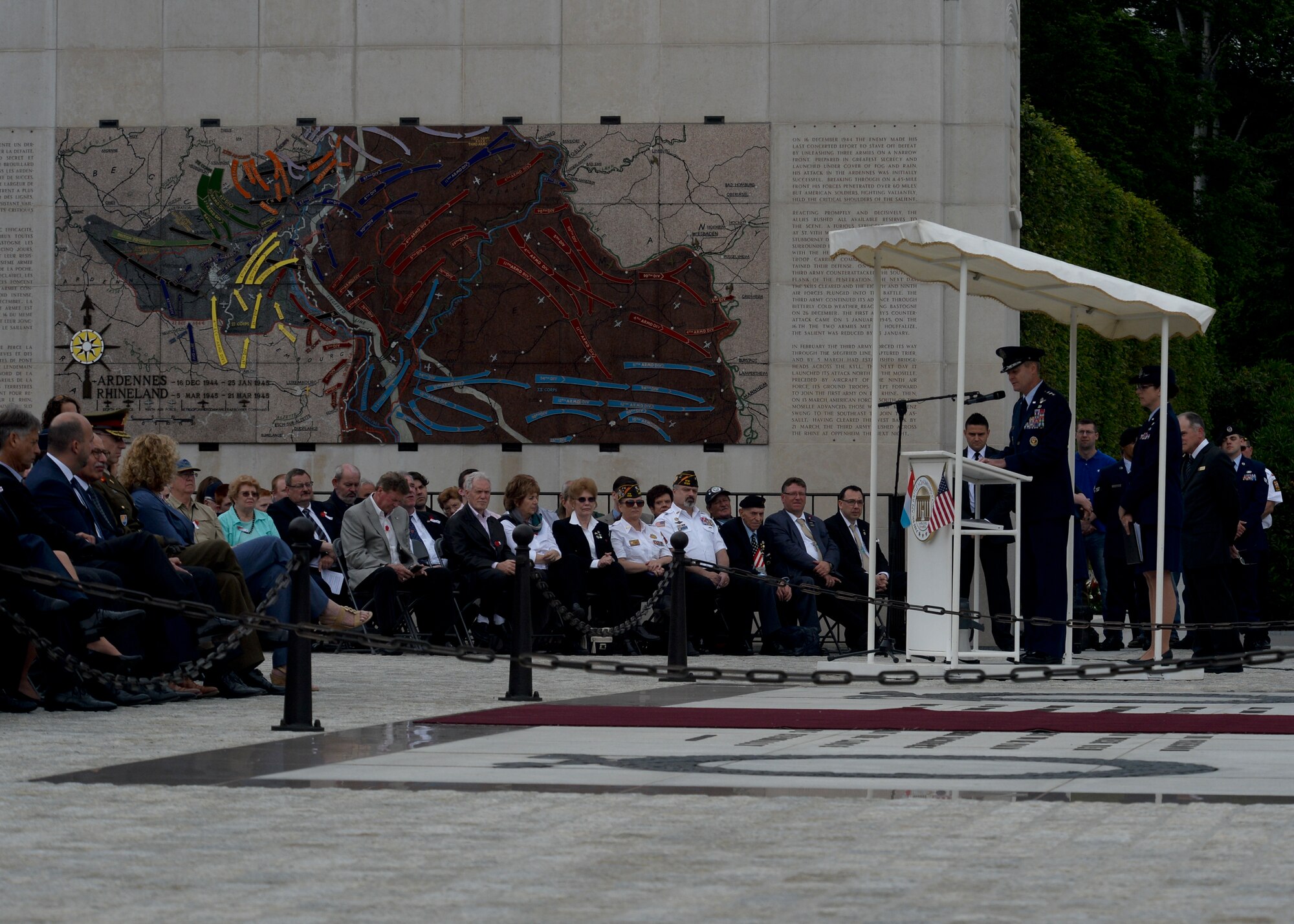 U.S. Air Force Lt. Gen. Darryl Roberson, 3rd Air Force and 17th Expeditionary Air Force commander, speaks during a Memorial Day ceremony at the Luxembourg American Cemetery and Memorial in Luxembourg, May 23, 2015. More than 300 Luxembourgers and Americans gathered at the cemetery to reflect on the sacrifices made by fallen U.S. service members. (U.S. Air Force photo by Staff Sgt. Joe W. McFadden/Released)  
