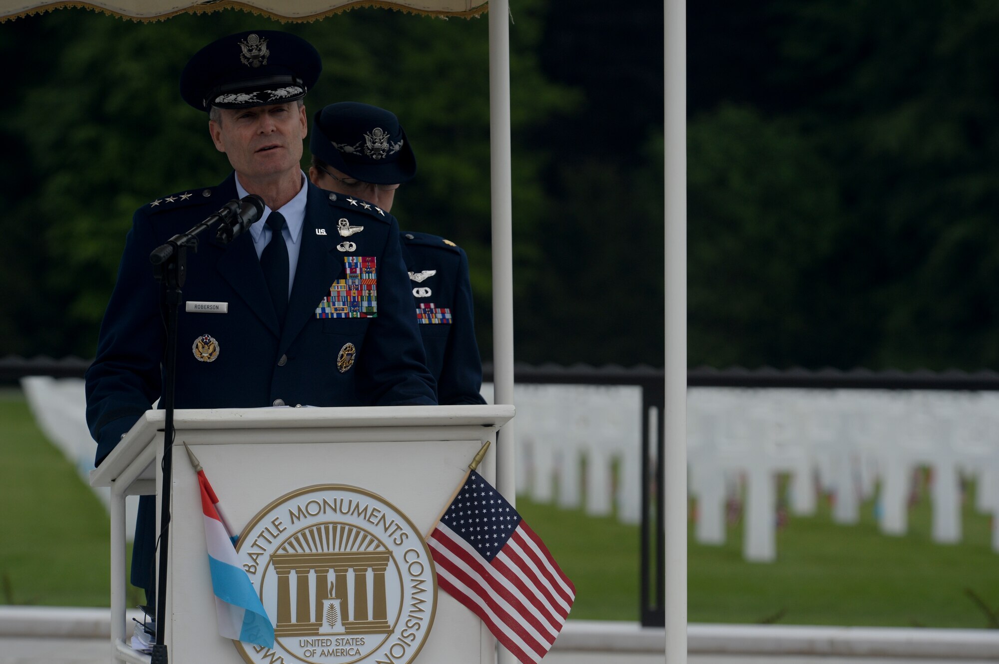 U.S. Air Force Lt. Gen. Darryl Roberson, 3rd Air Force and 17th Expeditionary Air Force commander, speaks during a Memorial Day ceremony at the Luxembourg American Cemetery and Memorial in Luxembourg, May 23, 2015. The general also highlighted how this year's Memorial Day coincided with the 70th anniversary of the Allied victory in Europe during World War II.  (U.S. Air Force photo by Staff Sgt. Joe W. McFadden/Released)  