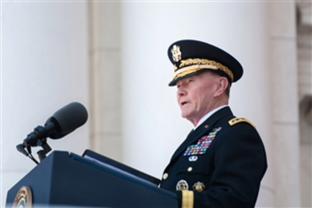 Army Gen. Martin E. Dempsey, chairman of the Joint Chiefs of Staff, delivers a Memorial Day address at Arlington National Cemetery in Arlington, Va., May 25, 2015.