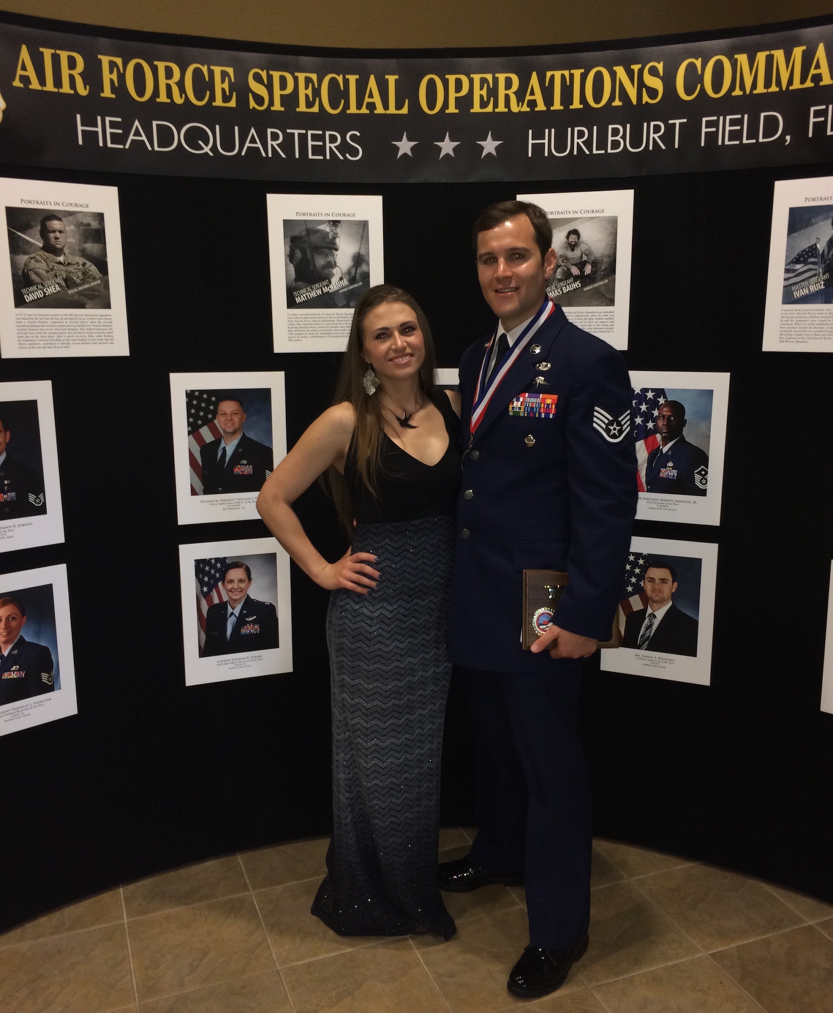 Staff Sgt. Travis Jordan pose for a picture with his wife, Christina, during a banquet honoring the Air Force Special Operations Command's 2014 Outstanding Airmen and civilians of the year held May 14 at Hurlburt Field, Fla. Jordan, a combat controller, assigned to the 320th Special Tactics Squadron, was recognized as AFSOC’s Airman of the Year and will compete in the airman category for the 2015 12 Outstanding Airmen of the Year Award.  (Courtesy Photo)
