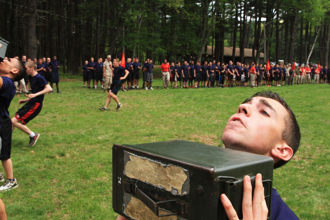 Daniel Gagliardi, a Bristol, Connecticut native, performs ammo can lifts as part of a relay race during the 2015 Annual Field Meet, at Dufresne Recreational Park, May 16. Approximately 465 newly enlisted men and women from across New England, to include; Western Massachusetts, Connecticut, and Rhode Island, attended the event. The annual Marine Corps event is designed to challenge the Poolees’ physical fitness through various competitions and tests of endurance to ensure that they are prepared for the rigors of Marine Corps recruit training. Gagliardi, 18, is a Poolee, person currently enrolled in the Marines Delayed Entry Program, and graduate of Bristol Central High School in Connecticut. (Official Marine Corps Photo by Staff Sgt. Richard Blumenstein)