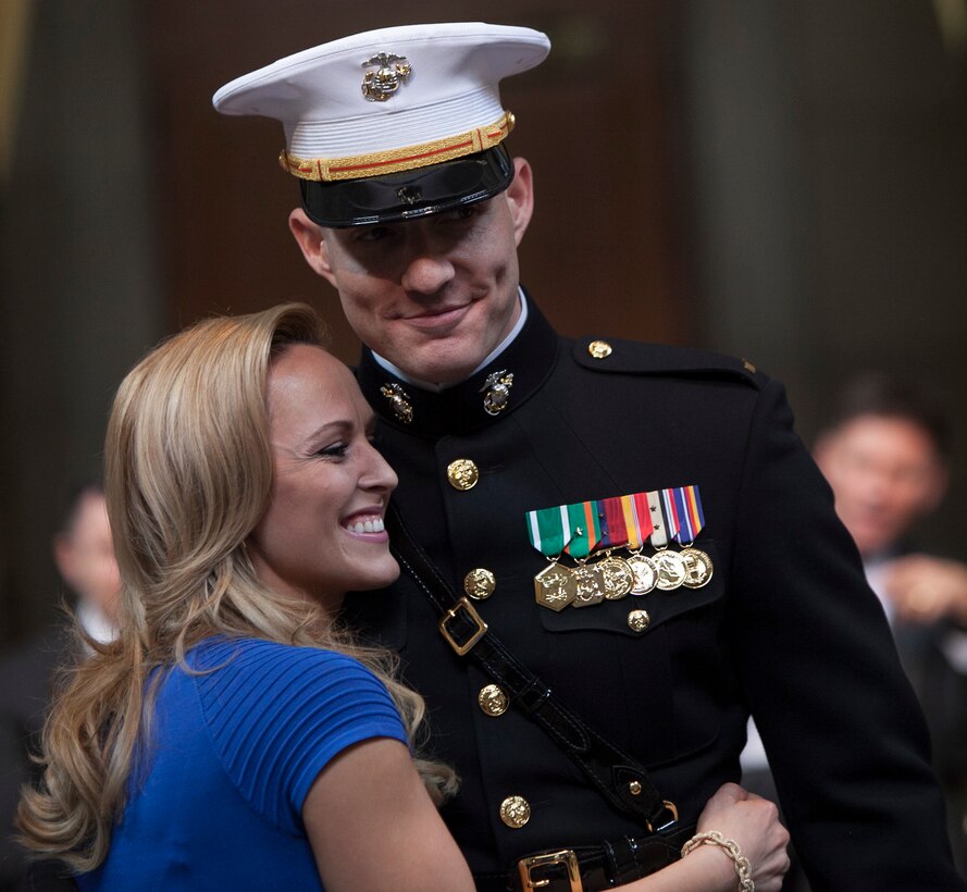 2nd Lt. Patrick Poorbaugh shares a moment with his wife after his commissioning ceremony at the Low Memorial Library Rotunda, Columbia University, New York City, May, 21. Poorbaugh became the first Marine in 40 years to commission from the school. Poorbaugh is a Mackinaw, Ill., native, and graduated with a degree in Political Science from the College of General Studies.