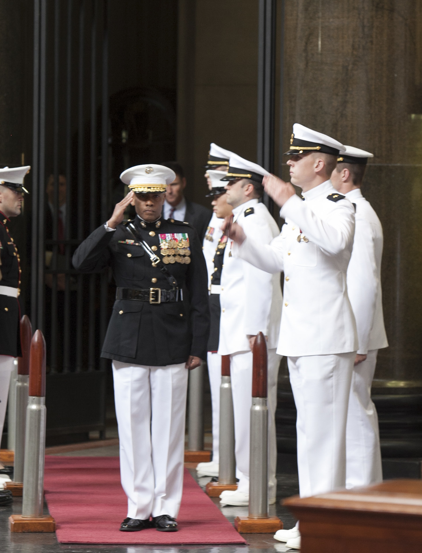 Brig. Gen. Terry Williams arrives for the commissioning ceremony of Staff Sergeant Patrick Poorbaugh at the Low Memorial Library Rotunda, Columbia University, New York City, May, 21. Poorbaugh became the first Marine in 40 years to commission from the school. Williams administered the oath of office and is the Eastern Recruiting Region and Marine Corps Recruit Depot Parris Island commanding general.