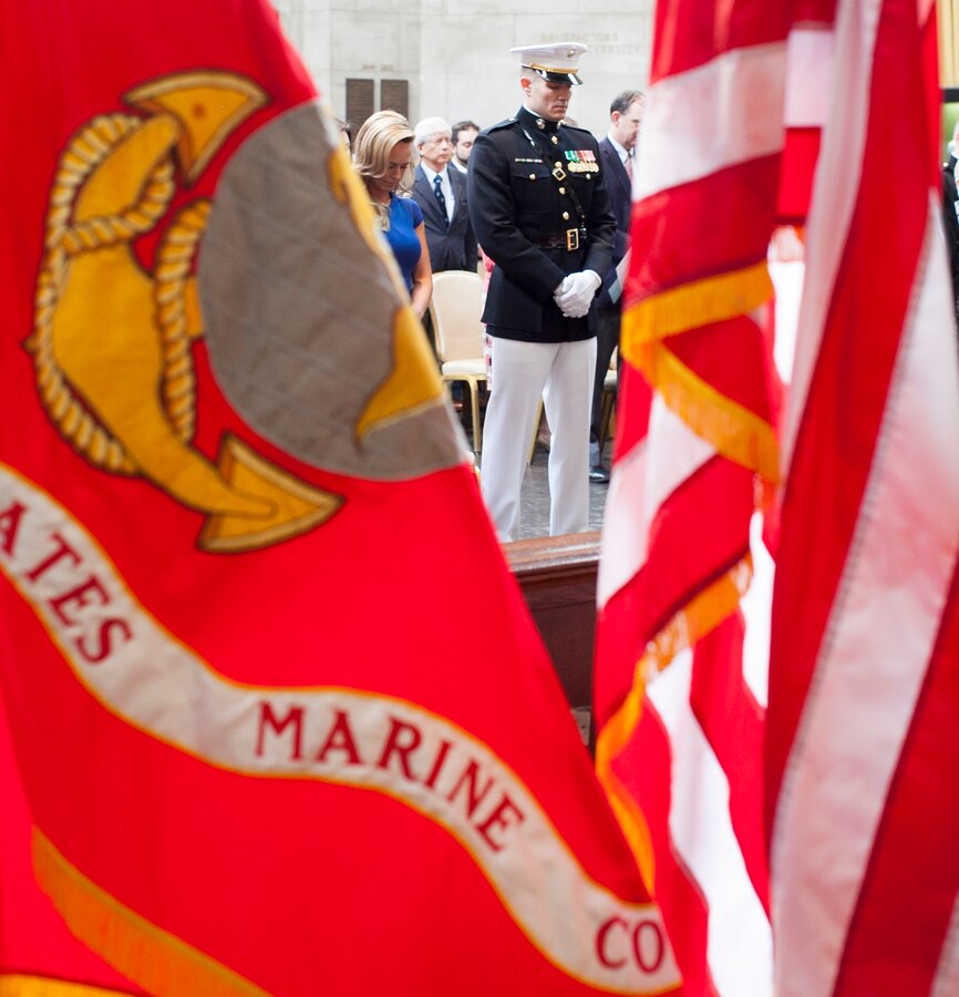 Staff Sgt. Patrick Poorbaugh bows his head during the opening ceremonies of his commissioning ceremony at the Low Memorial Library Rotunda, Columbia University, New York City, May, 21. Poorbaugh became the first Marine in 40 years to commission from the school. Poorbaugh is a Mackinaw, Ill., native, and graduated with a degree in Political Science from the College of General Studies.