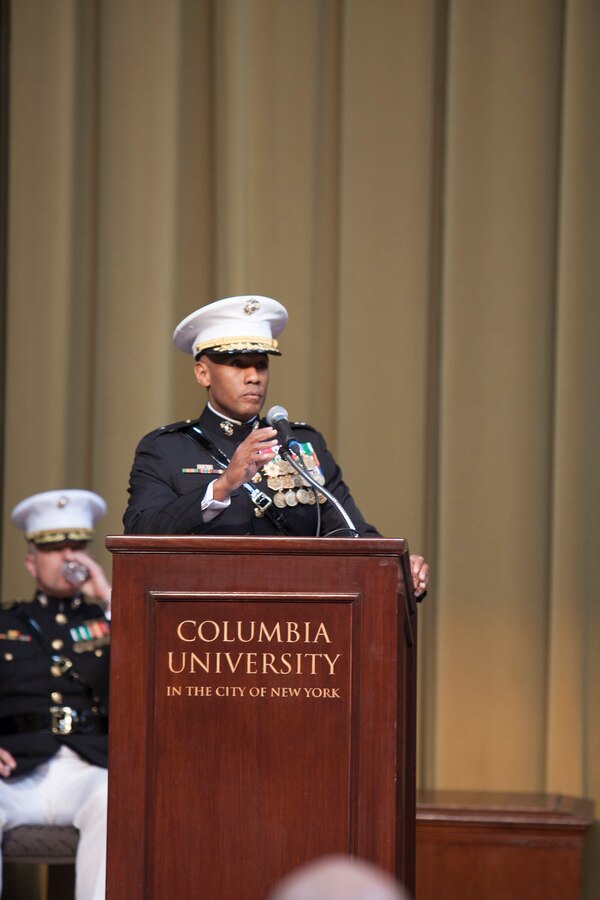 Brig. Gen. Terry Williams gives his remarks to the audience at the commissioning ceremony of Staff Sgt. Patrick Poorbaugh in the Low Memorial Library Rotunda, Columbia University, New York City, May, 21. Poorbaugh became the first Marine in 40 years to commission from the school. Williams administered the oath of office and is the Eastern Recruiting Region and Marine Corps Recruit Depot Parris Island commanding general.
