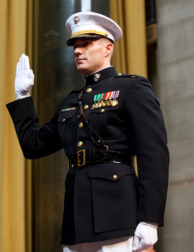 Staff Sgt. Patrick Poorbaugh stands poised to take charge as America’s newest Marine second lieutenant and Columbia University graduate during his commissioning ceremony in the Low Memorial Library Rotunda, Columbia University, New York May, 21. Poorbaugh became the first Marine in 40 years to commission from the school. Poorbaugh is a Mackinaw, Ill., native, and graduated with a degree in Political Science from the College of General Studies.