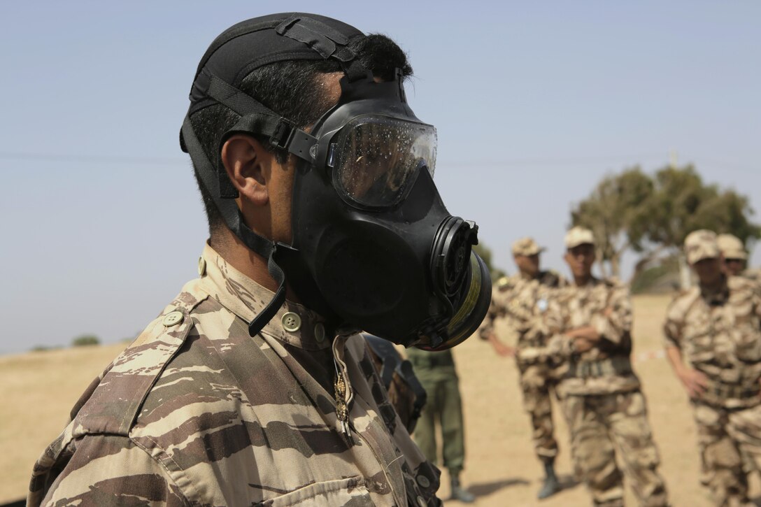 A Royal Moroccan Armed Forces soldier is in a gas mask for a demonstration of Chemical, Biological, Radiological, and Nuclear defense techniques during Exercise African Lion 15 in Tifnit, Morocco, May 16. The Royal Moroccan, U.S., U.K., Netherlands, and Belgian Armed Forces integrated while conducting peacekeeping support training to improve military capabilities and operational familiarity as one international coalition.