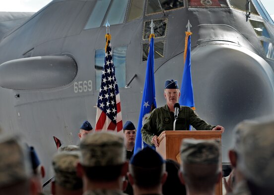 U.S. Air Force Maj. Gen. Mark Hicks, Air Force Special Operations Command director of operations, speaks during the AC-130H Spectre gunship retirement ceremony, May 26, 2015 at Cannon Air Force Base, N.M. Hicks piloted the gunship to its final destination at Davis-Monthan Air Force Base, Ariz., where it will be formally retired. (U.S. Air Force photo/Senior Airman Chip Slack)