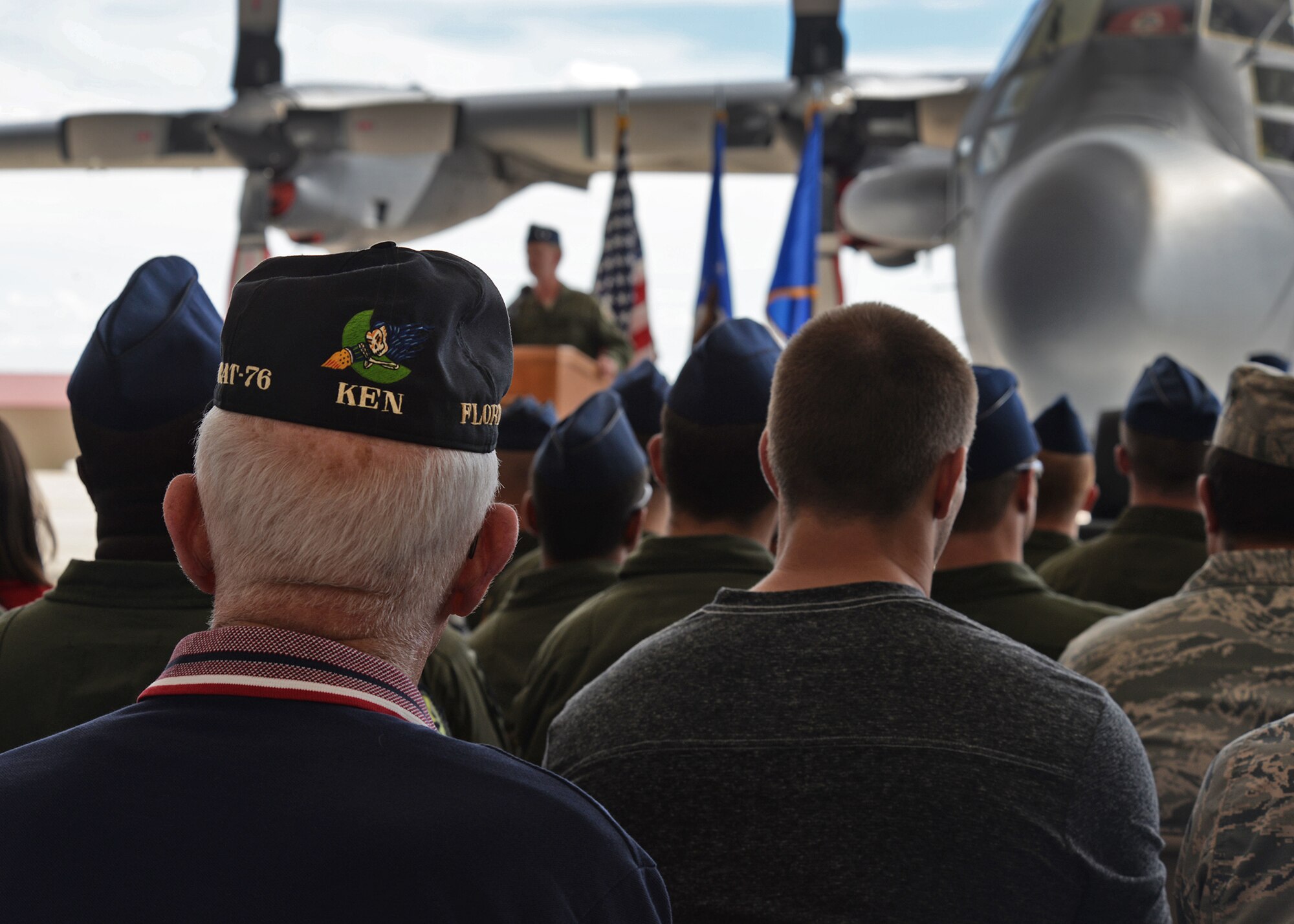 Many former members that flew or maintained AC-130H Spectre gunships gather at a retirement ceremony, May 26, 2015 at Cannon Air Force Base, N.M. As each campaign was acknowledged, the members were prompted to stand to be properly recognized for their efforts. (U.S. Air Force photo/Senior Airman Chip Slack)