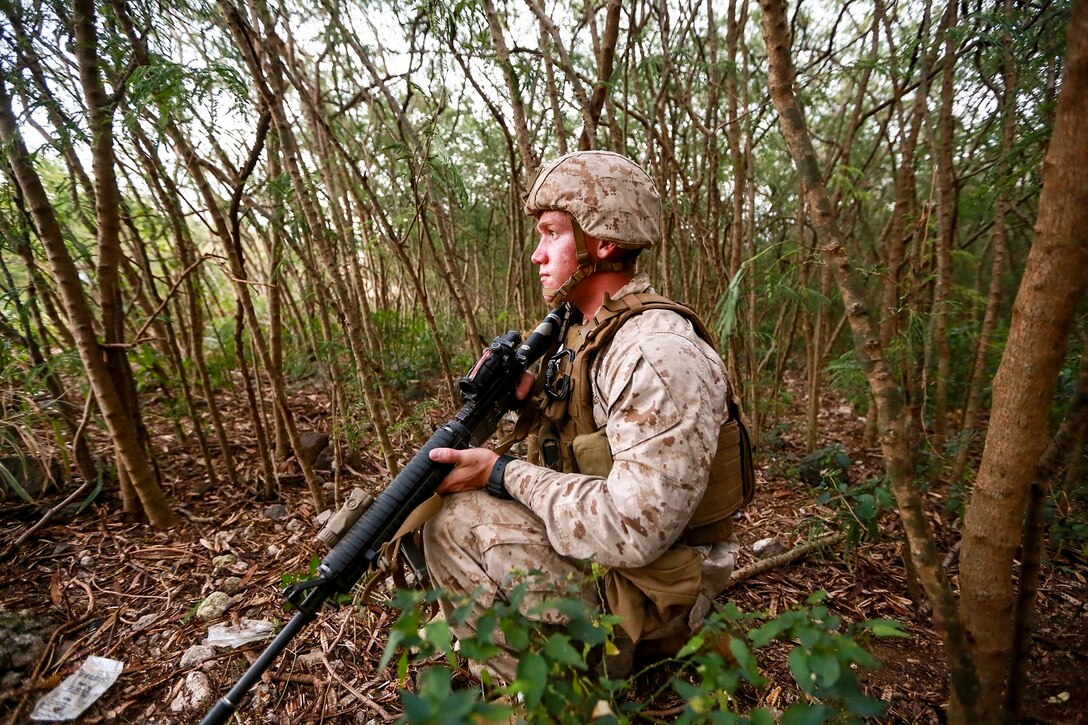 U.S. Marine Lance Cpl. Xavier Gereaudalgren provides security aboard Bellows Air Force Station, Hawaii, May 15, 2015. Gereaudalgren is a radio operator with India Company, Battalion Landing Team 3rd Battalion, 1st Marine Regiment, 15th Marine Expeditionary Unit. The Marines of BLT 3/1 used Hawaii’s unique environment and training areas to prepare for possible scenarios in their upcoming deployment. (U.S. Marine Corps photo by Sgt. Jamean Berry/Released)