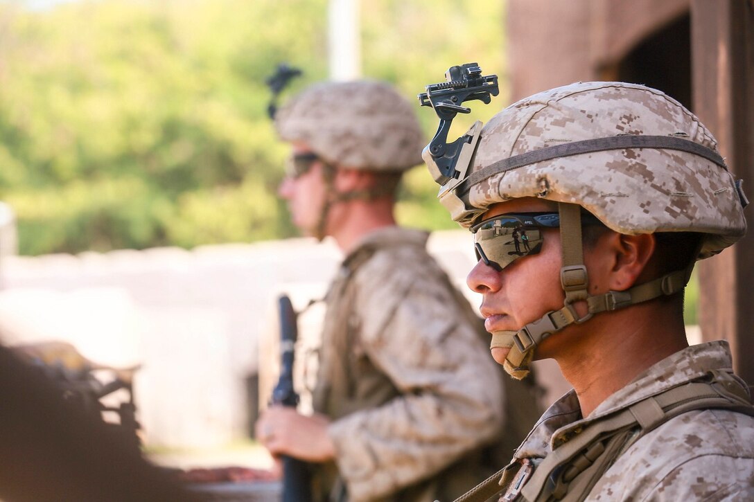 U.S. Marines with India Company, Battalion Landing Team 3rd Battalion, 1st Marine Regiment, 15th Marine Expeditionary Unit, provide security aboard Bellows Air Force Station, Hawaii, May 16, 2015. The Marines of BLT 3/1 used Hawaii’s unique environment and training areas to prepare for possible scenarios in their upcoming deployment. (U.S. Marine Corps photo by Sgt. Jamean Berry/Released)