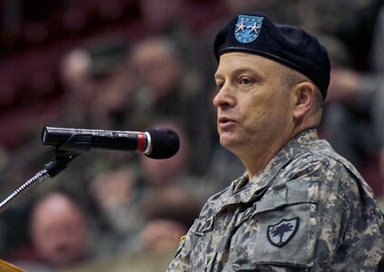 Army Maj. Gen. Robert Livingston, Jr., the new adjutant general of the South Carolina National Guard, addresses the crowd gathered to witness his assumption of command during a ceremony January 9, 2011, at the University of South Carolina Coliseum. He replaces the out-going adjutant general, Army Maj. Gen. Stanhope Spears, and is the 27th adjutant general of the South Carolina Guard. 