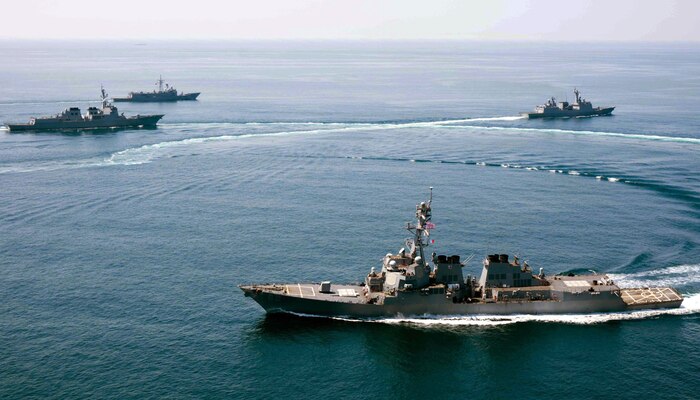 WATERS TO THE SOUTH OF THE KOREAN PENINSULA (May 25, 2015) - The Arleigh Burke-class guided-missile destroyer USS Lassen (DDG 82), front, conducts a trilateral naval exercise with the Turkish frigate FTCD Gediz (F-495) and Republic of Korea navy destroyers Seoae Ryu Seong-ryong (DDG 993) and Gang Gam-chan (DDH 979) in support of theater security operations. Lassen is on routine patrol in the U.S. 7th Fleet area of operations in support of security and stability in the Indo-Asia-Pacific region. 