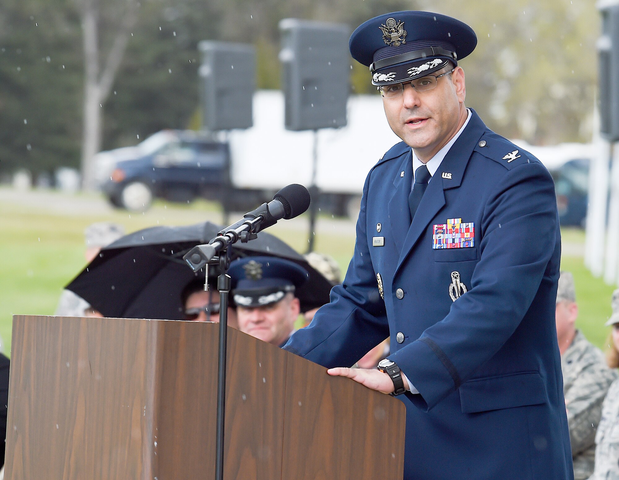 Col. Stephen M. Kravitsky, 90th Missile Wing commander, speaks during a change of command ceremony on F.E. Warren Air Force Base, Wyo., May 27, 2015. (U.S. Air Force photo by R.J. Oriez)