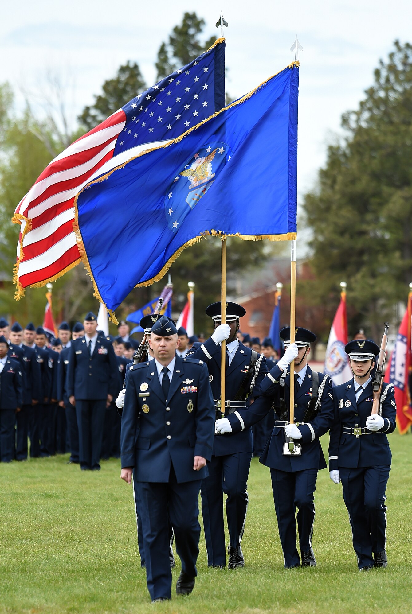 Col. Ronald Allen, 90th  Missile Wing vice commander, marches in front of the color guard as they present the colors during the 90th  Missile Wing’s change of command ceremony on F.E. Warren Air Force Base, Wyo. May 27, 2015.  Col. Stephen M. Kravitsky assumed command of the wing during the ceremony. (U.S. Air Force photo by R.J. Oriez)