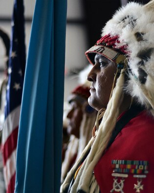 Kiowa Black Leggings Warrior Society members presented the colors during the Memorial Day program at Enid Woodring Municipal Airport in Enid, Oklahoma, May 25. The group is made up of Kiowas who have served in the U.S. military. (U.S. Air Force photo / David Poe)