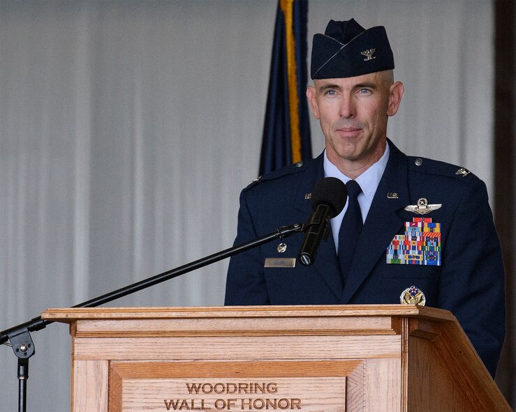 Col. Clark Quinn, the 71st Flying Training Wing commander, addresses the audience during a Memorial Day ceremony in Enid, Oklahoma, May 25. “Our veterans, along with fallen Oklahomans, are the embodiment of courage, commitment, and are integral to the heritage of this nation," Quinn said. "We gather today to ensure our nation collectively never forgets.” (U.S. Air Force photo / David Poe)