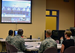 U.S. Air Force Airmen from Langley Air Force Base participate in Chief of Staff of the Air Force Gen. Mark A. Welsh III’s second Google Hangout at Langley AFB, Va.,  May 21, 2015. During the Hangout, Airmen from six U.S. Air Force bases openly discussed today’s Air Force with the branch’s top leader. (U.S. Air Force photo by Staff Sgt. Natasha Stannard/Released)