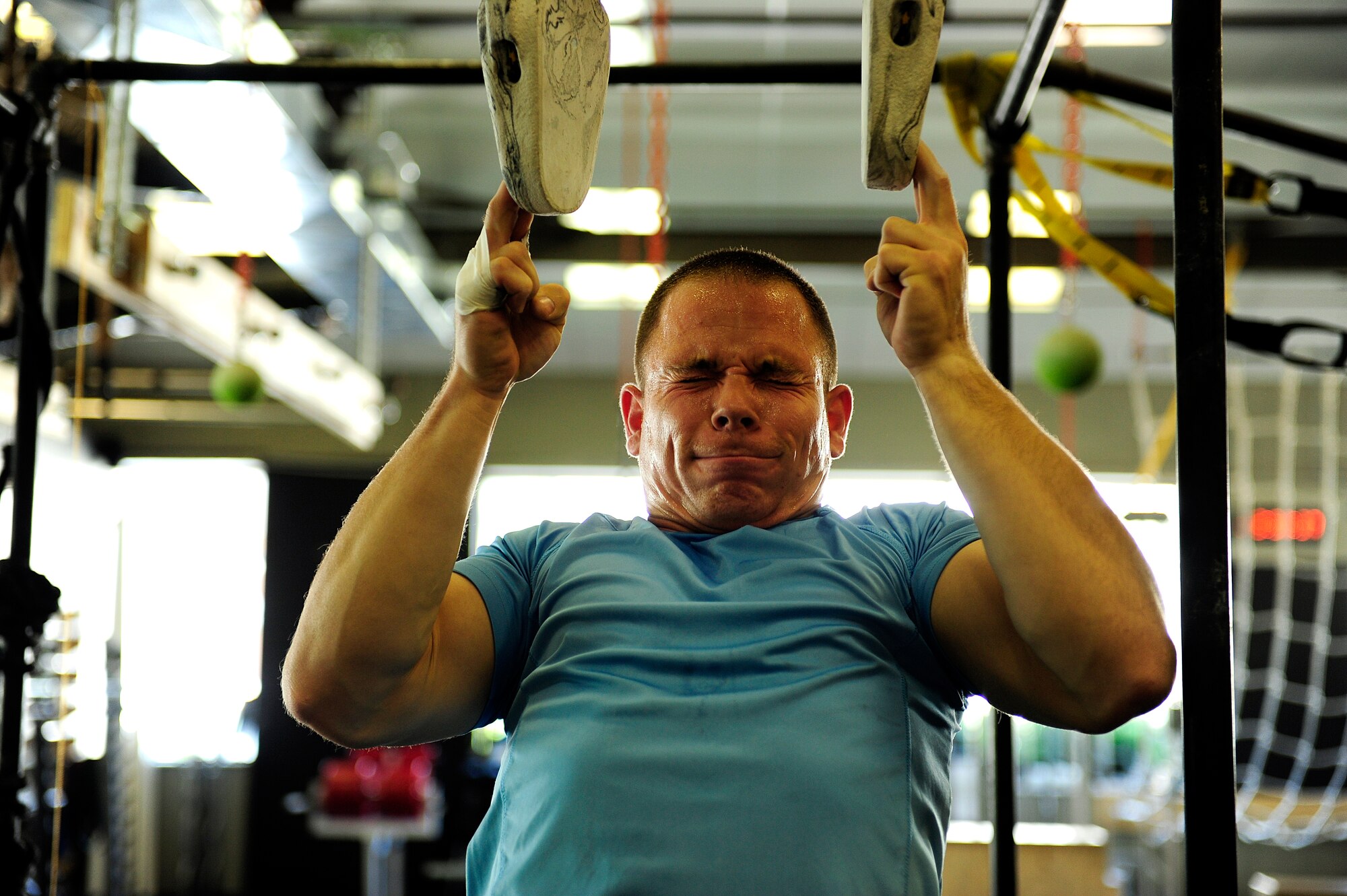 Staff Sgt. Randall Forsythe trains to compete on the TV show American Ninja Warrior May 21,2015. Forsythe, 375th Civil Engineer Squadron firefighter, found out he was selected to participate on a special military tribute episode in April.. (U.S. Air Force photo/Staff Sgt. Stephenie Wade)