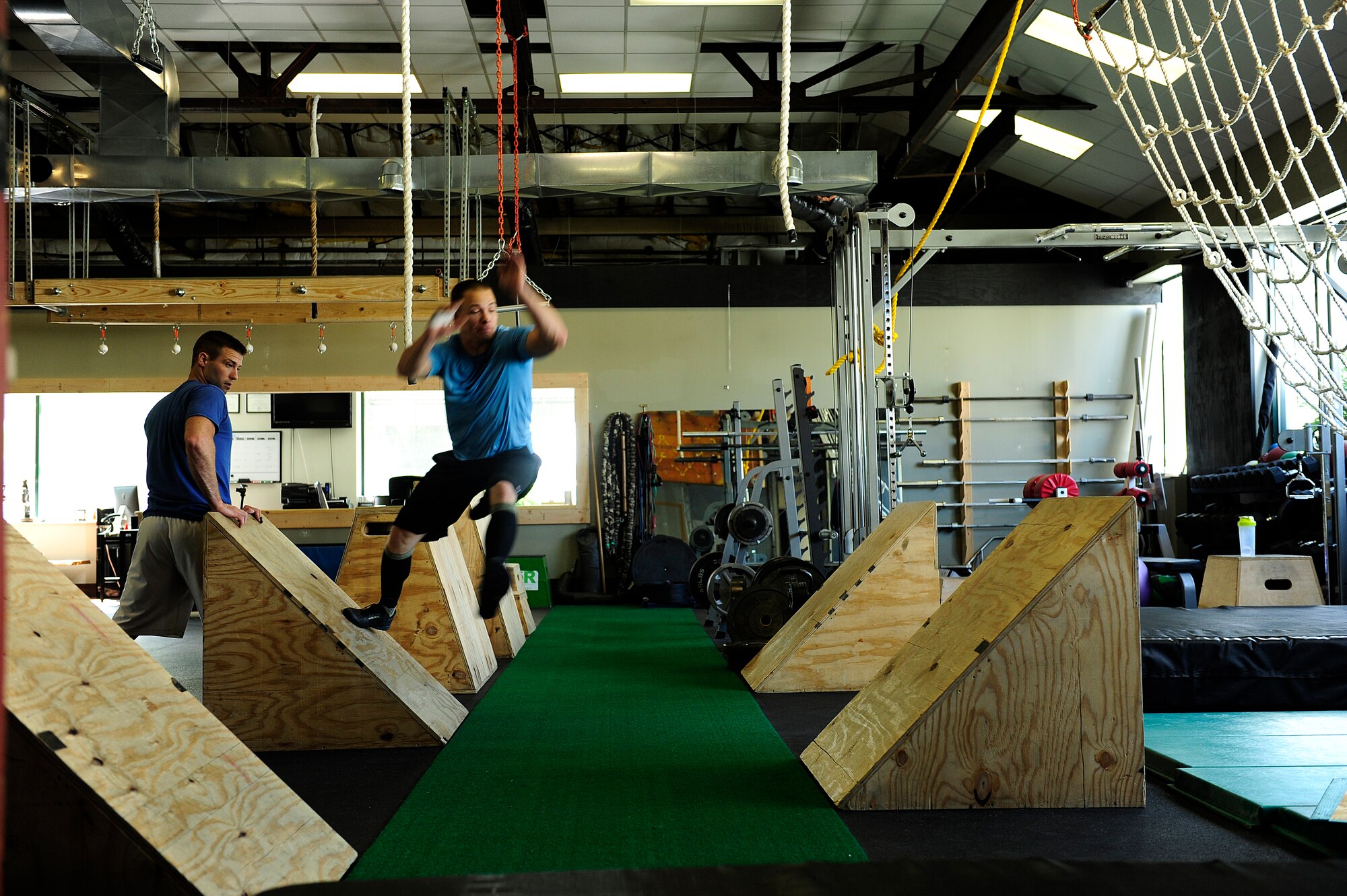Staff Sgt. Randall Forsythe trains to compete on the TV show American Ninja Warrior May 21,2015. Forsythe, 375th Civil Engineer Squadron firefighter, found out he was selected to participate on a special military tribute episode in April.. (U.S. Air Force photo/Staff Sgt. Stephenie Wade)