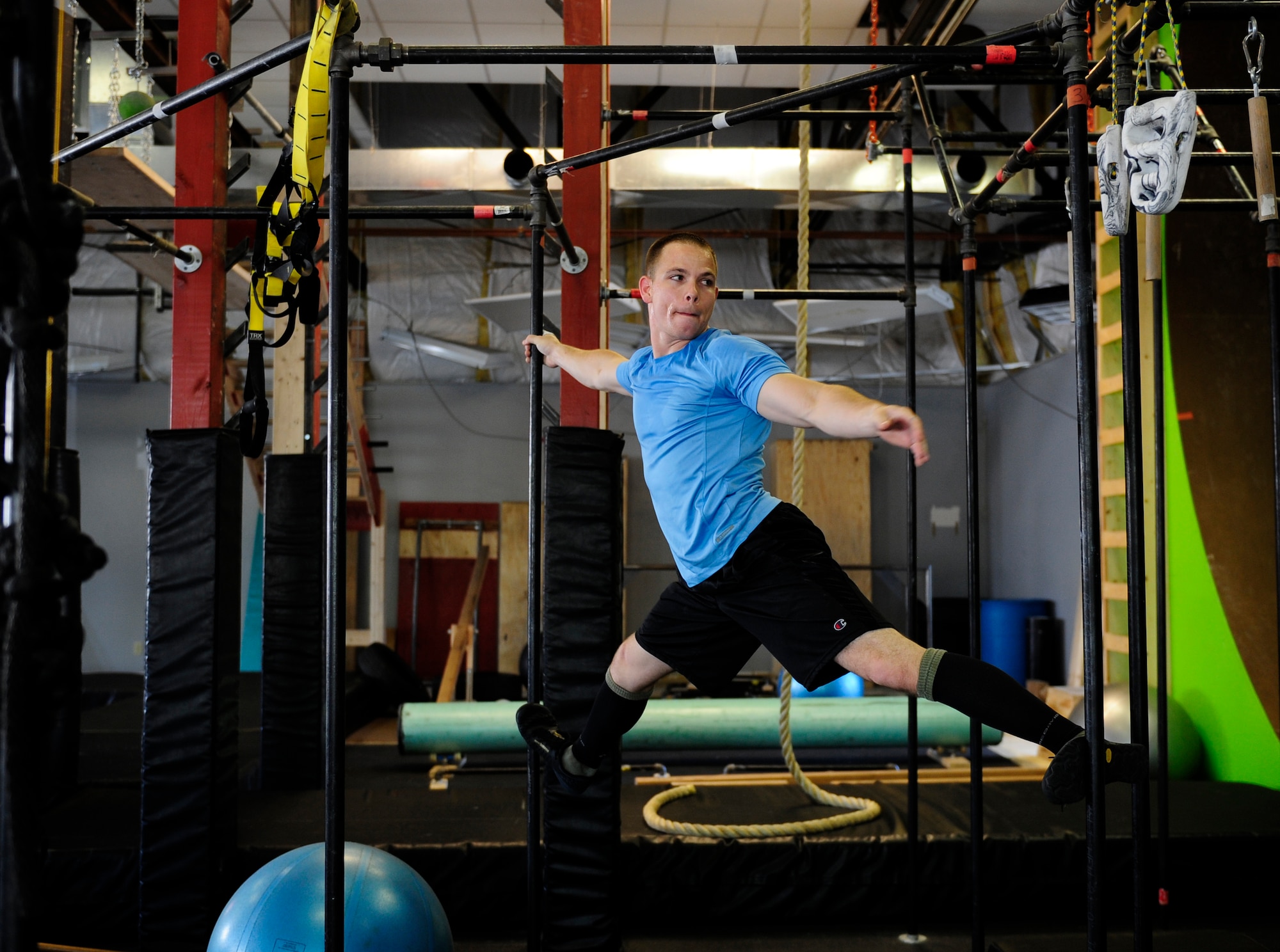 Staff Sgt. Randall Forsythe trains to compete on the TV show American Ninja Warrior May 21,2015. Forsythe, 375th Civil Engineer Squadron firefighter, found out he was selected to participate on a special military tribute episode in April.. (U.S. Air Force photo/Staff Sgt. Stephenie Wade)