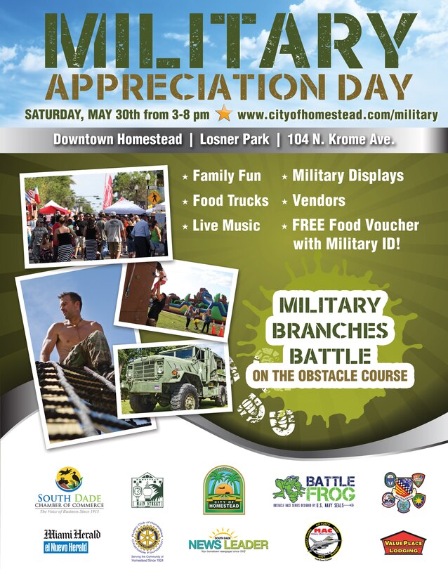 The Fourth Annual Homestead Military Appreciation Day promises to be better than ever with dozens of military vehicles and weaponry not often accessible to the public, an epic obstacle course competition, ceremonies to honor our service men and women, and plenty of fun for the whole family with live music and food trucks. The free event will take place on Saturday, May 30 from 3 P.M. to 8 P.M. at Losner Park in Downtown Homestead (104 N. Krome Avenue). (City of Homestead graphic)