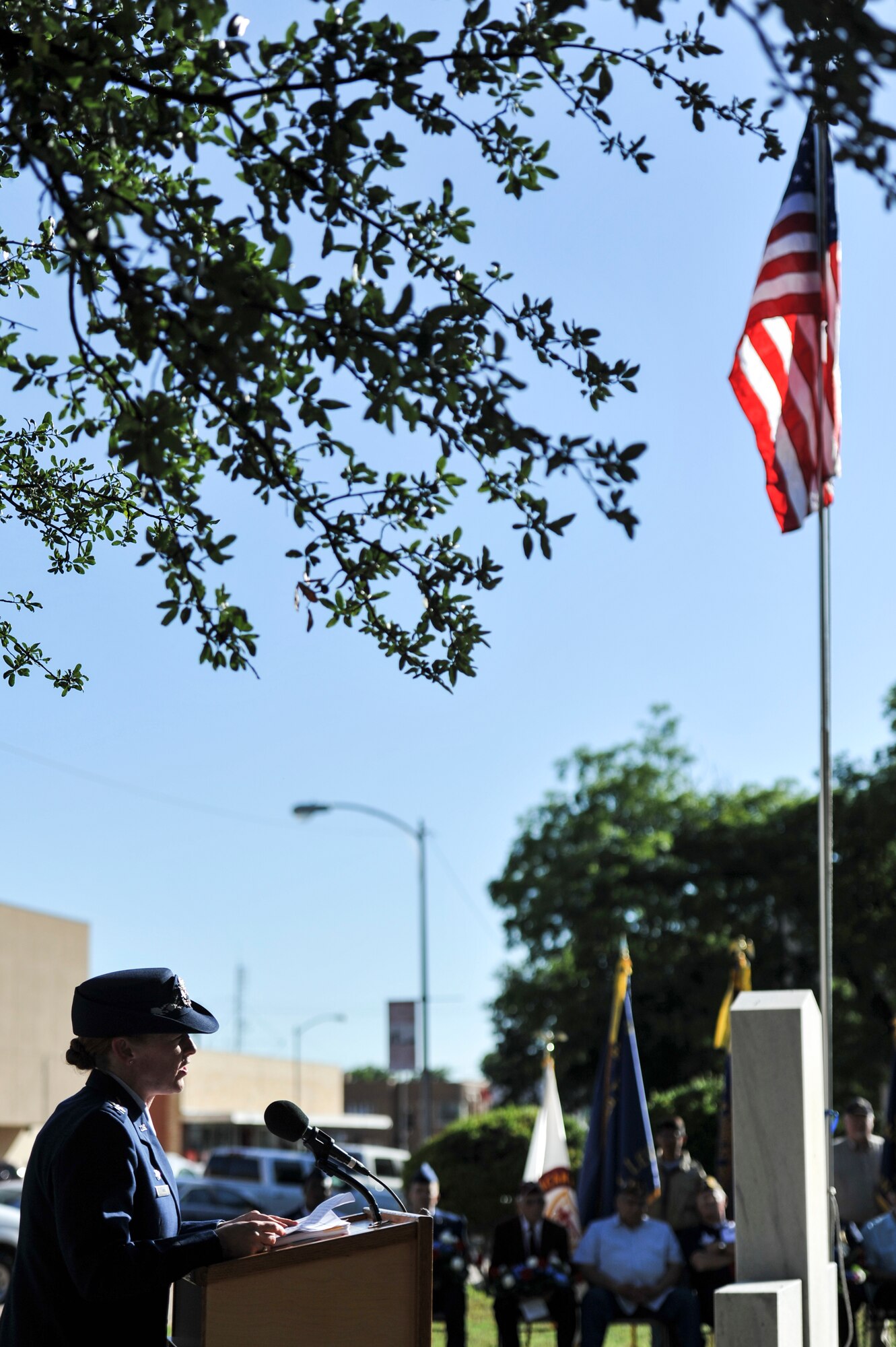 U.S. Air Force Col. Kimberlee P. Joos, 17th Training Wing Commander, gives a speech during the Memorial Day Ceremony at the Tom Green County Courthouse in San Angelo, Texas, May 26, 2015. Joos spoke of the sacrifices made by service members, as well as the closure sought out by the family of those missing in action. (U.S. Air Force photo by Senior Airman Michael Smith/Released)