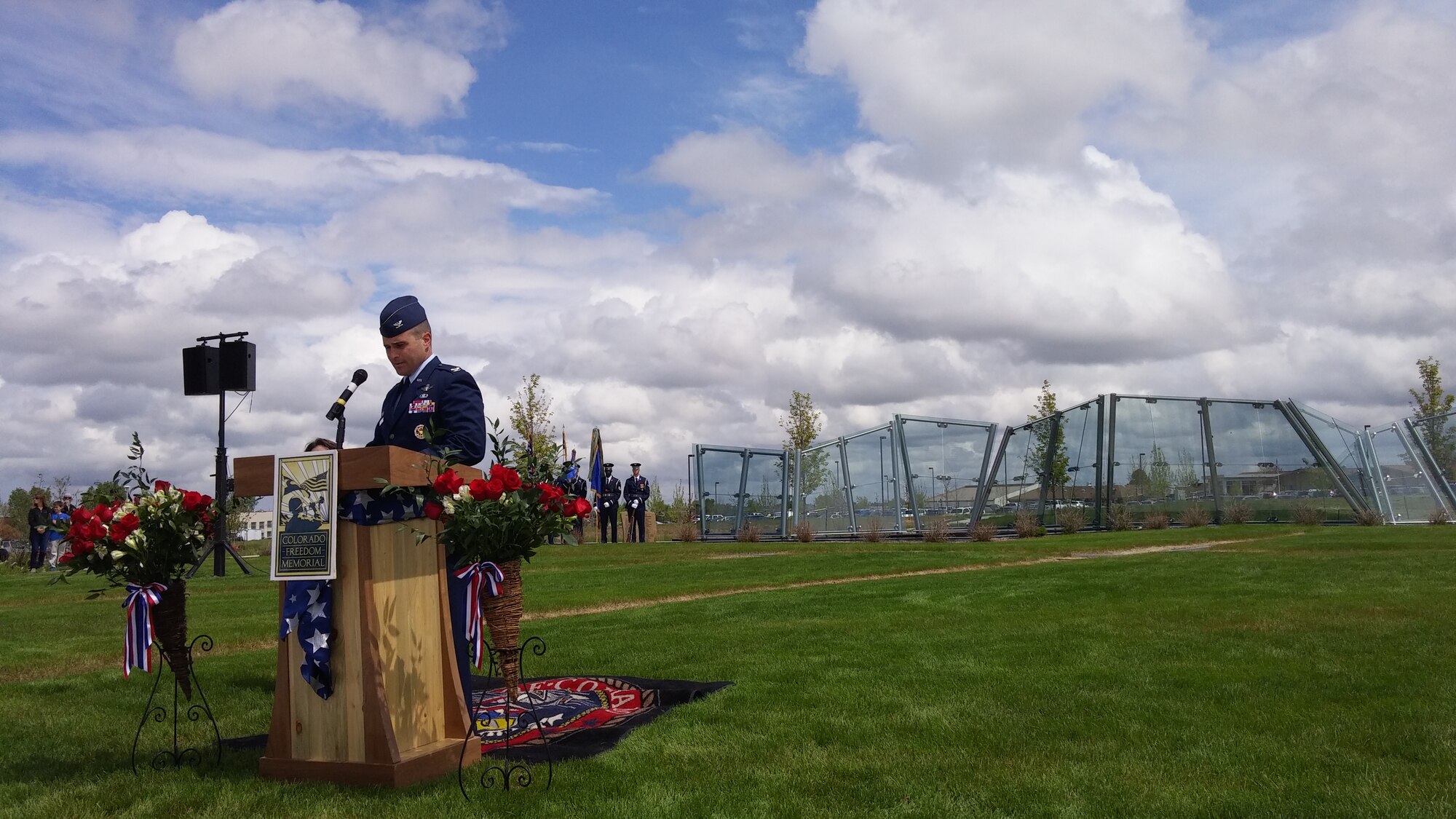 Col. John Wagner, 460th Space Wing commander, gives a speech during the Memorial Day ceremony May 23, 2015, at the Colorado Freedom Memorial in Aurora, Colorado. This year’s ceremony had multiple guest speakers, flyovers, military displays and also marked the 70th anniversary of the end of World War II. (courtesy photo)