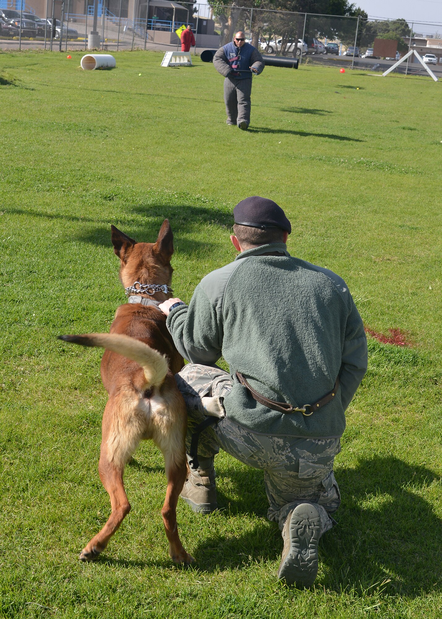 Staff Sgt. Joel Therrein, 377th Security Forces Group, prepares to release Tommy, a military working dog, during an event at the annual K9 event held at Kirtland kennel compound May 12.  (Photo by Todd Berenger)
